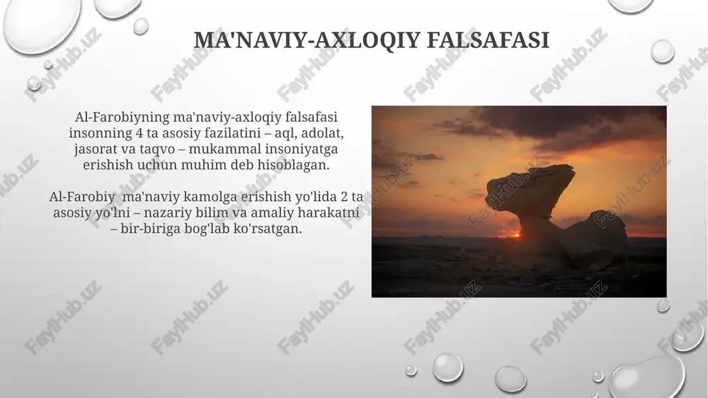 arini ishlab chiqishda mustaqil yo'lni tutgan. abu nasr al-farobiyning hayoti va davri abu nasr al-farobiy taxminan 872-yilda tug'ilgan va 950-951 yillarda vafot etgan, ya'ni uning umri 79 yil atrofida bo'lgan degan taxminlar mavjud. al-farobiyning tug'ilgan joyi bo'yicha turli fikrlar mavjud bo'lsa-da, u farg'ona viloyatida tug'ilgan va o'z davrining mashhur olimlaridan biri bo'lgan. adolat va huquq farobiyning "adolat va huquq"dagi fikrlari, 3 ta asosiy siyosiy tuzum – ideal davlat, nomukammal davlat va buzuq davlatlarni taqqoslash orqali adolat va huquqning ahamiyatini ochib beradi. farobiy "adolat va huquq" asarida 2 ta asosiy adolat tushunchasini – moddiy va ma'naviy adolatni ta'kidlab, ularning 7 ta shartiga to'xtaladi. zamonaviy falsafa uchun al-farobiyning ta'siri al-farobiyning siyosiy falsafa nazariyalari, xususan, ideal davlat modeli haqidagi g'oyalari 20-asrning o'rtalarida paydo bo'lgan siyosiy falsafaning rivojiga sezilarli ta'sir ko'rsatdi. uning mantiq va epistemologiyaga oid ishlari, ayniqsa, silogizm va isbot usullari bo'yicha qilgan tadqiqotlari zamonaviy mantiqshunoslikning shakllanishiga 3 asosiy yo'nalish orqali ta'sir qildi. …