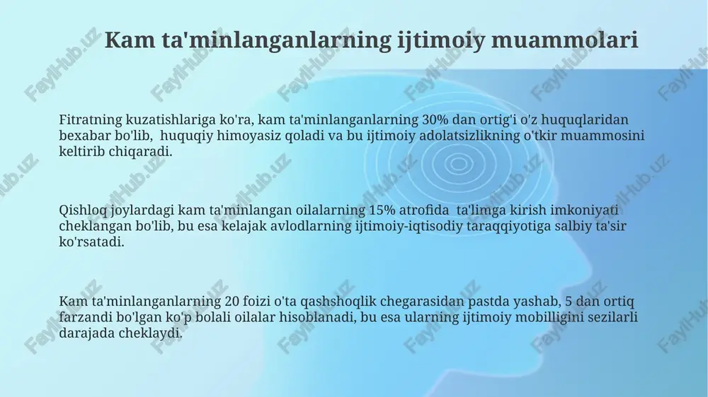 gan orzusi tufayli. har ikki toifa ham baxtsizlikka, 2-toifa esa qo'shimcha ravishda, ruhiy qoniqmaslikka duchor bo'ladi, lekin birinchisi o'z ahvolini anglamaydi. fitrat ikki toifani – 1) jaholatga berilganlar va 2) dunyoviy ishlarga bog'langanlar – deb ajratadi, ularning farqi jaholatning ruhiy, dunyoviylikning esa amaliy yo'nalishida. ma'naviy qashshoqlikning ijtimoiy oqibatlari ijtimoiy adolatsizlikning kuchayishi, ma'naviy qashshoqlik tufayli, oilaviy parchalanishlar sonining 30% ga oshishiga olib kelishi mumkin, deb hisoblaydi fitrat. fitratning kuzatuvlariga ko'ra, ma'naviy qashshoqlikka uchragan 10 ta shaxsdan 7 tasi ijtimoiy moslashuvsizlikka duch keladi, bu esa o'z navbatida ijtimoiy tartibsizlikka olib keladi. ma'naviy qashshoqlik, fitratning ta'kidlashicha, 20% aholining ijtimoiy beqarorlikka, 15% jinoyatchilikka moyilligini oshirishi mumkin. baxtsizlik tushunchasining fitrat falsafasidagi o'rni baxtsizlikning kelib chiqish sabablari sifatida fitrat, 5 ta asosiy omilni – jaholat, isrofgarlik, adolatsizlik, zulm va taqlidchilikni ko'rsatadi, bu esa uning psixologik va ijtimoiy nazariyalariga asoslanadi. fitrat falsafasida baxtsizlik, 2 ta asosiy kategoriyaga bo'linib, insoniy qadriyatlarning 3 ta asosiy komponenti – ma'naviy, ijtimoiy …