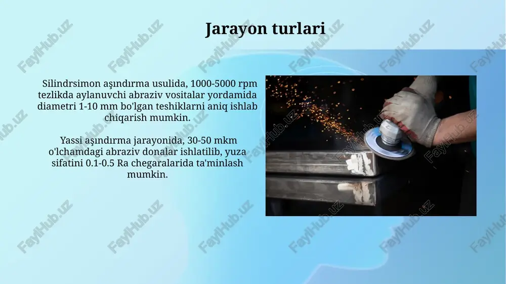 gini o'zgartiradi. mashina turlari abrasivli ishlov berishda 100 dan ortiq turdagi abraziv materiallar, masalan, almaz, kubik bor karbid va shunga o'xshash materiallar qo'llaniladi, ularning donalari o'lchami 1 dan 500 mikrometrgacha o'zgarib turadi. silliqlash, maydalash va abraziv suv oqimi bilan ishlov berish kabi turli xil abraziv mashina turlari turli xil sirt sifatini va aniqlik darajasini ta'minlaydi, bu esa 3-5 raqamli aniqlik sinflariga erishish imkonini beradi. afzalliklari va kamchiliklari abrasiv ishlov berish yuqori darajadagi sirt sifatini, 1-3 µm gacha yetishi mumkin bo'lgan ra qiymatlarini ta'minlaydi, bu esa aniqlikka yuqori talablar qo'yiladigan detallarni ishlab chiqarishda muhim ahamiyat kasb etadi. ushbu usul qattiq va mo'rt materiallarni, masalan, keramika yoki shisha kabi materiallarni, an'anaviy usullar bilan ishlov berishga qaraganda ancha samaraliroq qayta ishlash imkonini beradi, ammo material sarfini yuqoriroq bo'lishi mumkin. e'tiboringiz uchun rahmat @taqdimot_robot image2.jpg image3.jpg image4.jpg image5.jpg image6.jpg image7.jpg image8.jpg image9.jpg image10.jpg image11.jpg image12.jpg image13.jpg image1.png