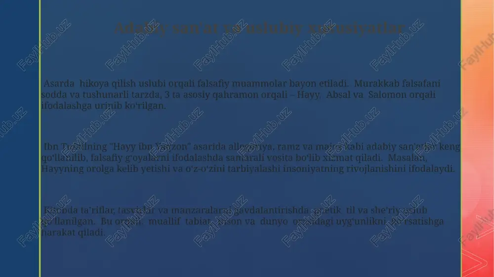 ga asoslangan boʻlib, empirizm va ratsionalizm elementlarini birlashtiradi, hayyning tabiat bilan uyg'unlashuvi va oʻz-oʻzini anglash jarayonini ta'kidlaydi. kitob, 7 qismdan iborat boʻlib, hayyning yolgʻiz orolda tugʻilishi, oʻz-oʻzini tarbiyalashi, tabiatni oʻrganishi va insoniy qadriyatlarni kashf etishi kabi asosiy bosqichlarni o'z ichiga oladi. e'tiboringiz uchun rahmat @taqdimot_robot image2.png image3.png