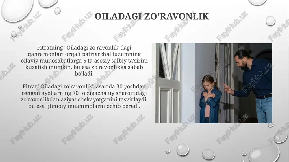 "ma'naviy tarbiya" tushunchasi fitrat asarlarida 2-3 avlod o'rtasidagi munosabatlar, oilaviy qadriyatlar va axloqiy tamoyillar orqali ko'rsatiladi. fitratning qahramonlari orqali 5-6 yoshdan boshlab beriladigan ma'naviy tarbiya usullari va ularning samaradorligi yoki samarasizligi haqida fikrlar bayon etiladi. oiladagi avlodlar munosabati fitrat "oiladagi avlodlar munosabati"da patriarxal tuzumning ta'siri ostida qolgan oilaviy munosabatlardagi ijtimoiy tengsizlik, ayniqsa, ayollarga nisbatan, ularning huquqlarining cheklanganligi kabi muammolarni aks ettiradi. asarda ta'kidlanganidek, oilada katta avlodning an'anaviy qarashlari va yosh avlodning yangi g'oyalarga moyilligi o'rtasidagi ziddiyatlar, taxminan 2:1 nisbatida tasvirlangan, bu esa avlodlararo bo'shliqni ko'rsatadi. fitrat asarlaridagi oilaviy muammolar yechimlari fitratning hikoya va romanlarida kamida 5 ta oilaviy muammoning hal etilishida an'anaviy yondashuvlar bilan zamonaviy g'oyalar kurashi tasvirlangan. fitrat asarlarida, ayniqsa "munojot"da, 3 ta asosiy oilaviy muammo – ta’lim-tarbiyaning yetishmasligi, turmush qurishdagi majburiylik va moddiy qiyinchiliklar tahlil qilinadi. an'anaviy tarbiya usullari kitoblarda qiz va o'g'il bolalar tarbiyasi o'rtasidagi farqlar, masalan, qizlarga uy bekaligi, o'g'il bolalarga esa bilim olishga ko'proq e'tibor …
