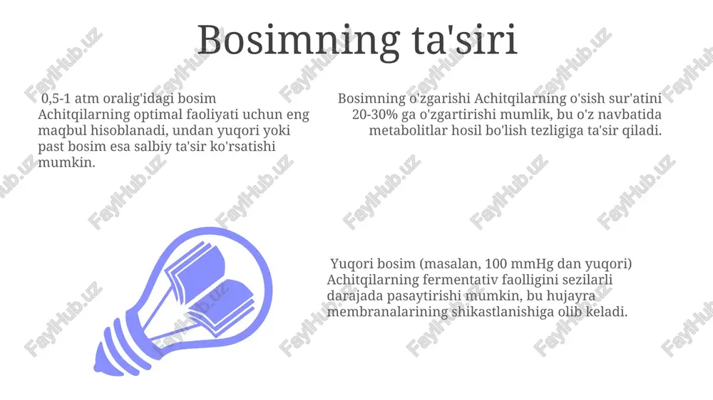 tratsiyasi past boʻlganda, masalan, 10⁻⁶m dan past boʻlsa, ferment-substrat kompleksining hosil boʻlishi chegaralangan boʻladi va achitqilarning faolligi past boʻladi, reaksiya tezligi konsentratsiyaga bogʻliq ravishda chiziqli ravishda oʻsadi. vaqt omili optimum harorat sharoitida ham, 6 soatdan keyin achitqilarning fermentativ faolligi sezilarli darajada (taxminan 20%) kamayishi kuzatiladi. vaqt omili achitqilarning faolligini 2-4 soat oraligʻida maksimal darajaga yetkazishi mumkin, soʻngra asta-sekin pasayadi. achitqilarning faolligi vaqt o'tishi bilan eksponentsial ravishda kamayib borishi mumkin, bu jarayon substrat kontsentratsiyasi va boshqa omillarga bogʻliq. ph ning ta'siri achitqilar faolligi optimal ph 4,5-5,5 oraligʻida eng yuqori boʻlib, ph ning 3 dan past yoki 7 dan yuqori boʻlishi fermentlarning denaturasiyasiga va faollikning keskin pasayishiga olib keladi. ph ning oʻzgarishi achitqi hujayralari membranasining oʻtkazuvchanligiga ta'sir qilib, substratlarning hujayraga kirishi va mahsulotlarning chiqishini tartibga soladi, bu esa fermentativ reaksiyalar tezligiga ta'sir qiladi. turli xil achitqi turlari ph ga nisbatan turlicha sezgirlikka ega; ba'zi turlar keng ph diapazonida faol boʻlsa, boshqalari tor …