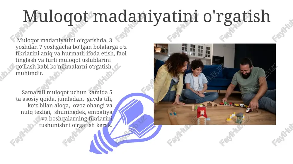 larning mustahkam poydevori 3 ta asosiy omilga – ota-onalarning o'zaro munosabatlari, farzandlarga bo'lgan mehr-oqibat va an'anaviy tarbiya usullariga bog'liq bo'lib, bu 3 omilning uyg'unligi 90% muvaffaqiyatni ta'minlaydi. sog'lom turmush tarzini shakllantirish sog'lom turmush tarzini shakllantirishda oilaning muntazam sport bilan shug'ullanishi, haftada kamida 3 marta 30 daqiqadan jismoniy mashqlar bajarishi muhim ahamiyatga ega. bu bolalarda sog'lom odatlarni shakllantirishga yordam beradi. bolalarda to'g'ri ovqatlanish madaniyatini shakllantirish uchun kuniga kamida 5 turdagi meva va sabzavot iste'mol qilish, shuningdek, suv iste'molini kuniga 1,5-2 litrgacha oshirish tavsiya etiladi. fitrat oilasida an'analar va tarbiyaning ahamiyati oilaviy an'analar, masalan, haftalik oilaviy kechalar yoki bayramlarni birgalikda nishonlash, 10% gacha oila a'zolari orasidagi munosabatlarni mustahkamlaydi va o'zaro tushunishni rivojlantiradi, bu esa bolalarning psixologik salomatligiga ijobiy ta'sir qiladi. fitrat oilasida 3 yoshdan 7 yoshgacha bo'lgan bolalarga ota-onalar tomonidan o'rgatilgan an'anaviy qadriyatlar va axloqiy me'yorlar, ularning kelajakdagi shaxsiy rivojlanishiga ijobiy ta'sir ko'rsatadi, ijtimoiy moslashuvchanlikni oshiradi. fitrat oilasida mehr-oqibat muhiti 01 02 …