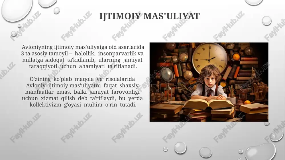 i ta'lim-tarbiya jarayonida muhim ahamiyatga ega ekanligini ta'kidlab, ularning ijtimoiy hayotdagi rolini 10 ga yaqin misol bilan ko'rsatadi. adolat va tenglik adolat va tenglikdagi tarbiyaviy yondashuv, 5 ta asosiy xususiyat bilan ajralib turadi: insoniylik, mehr-muruvvat, saxovat, kamtarlik va vatanparvarlik. asarda 12 tadan ortiq hikoya va misol orqali adolat va tenglik tushunchalarini anglatishga harakat qilingan bo'lib, ular turli ijtimoiy tabaqalarga mansub odamlarning hayotiga asoslangan. vatanparvarlik tarbiyasi avloniy "vatanparvarlik tarbiyasi"da 5 yoshdan 15 yoshgacha bo'lgan bolalar uchun milliy ong va vatanparvarlik tuyg'ularini tarbiyalashning 3 bosqichli modelini taklif qiladi. "vatanparvarlik tarbiyasi"da mustaqillik va erkinlik g'oyalari bilan bir qatorda, ijtimoiy mas'uliyat va insonparvarlik kabi 2 ta muhim qadriyat alohida urg'u bilan bayon etiladi. insonparvarlik g'oyalari "insonparvarlik g'oyalari"da 20 dan ortiq hikoya va voqea orqali insonparvarlikning turli ko'rinishlari, uning shaxsning ruhiy kamol topishidagi roli batafsil bayon etilgan. kitobda 3 dan ortiq misollar keltirilib, insonparvarlikning ijtimoiy hayotdagi ahamiyati, ya'ni jamiyatning barqarorligi va taraqqiyoti uchun zarurligi ko'rsatiladi. …