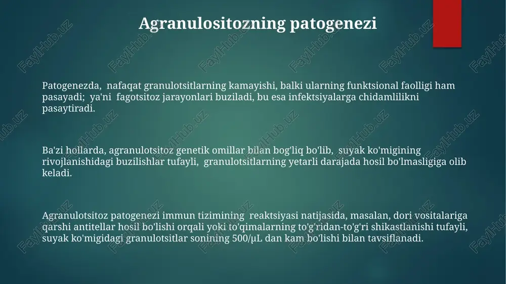 lar sonining 500/µl dan past boʻlishi agranulotsitoz tashxisini qoʻyishga yordam beradi. agranulositozning etiologiyasi agranulotsitozning 50% dan ortiq hollarda sababi dori-darmonlar, xususan, antibakterial, antitireoid va antipsixotik preparatlar hisoblanadi. autoimmun kasalliklar, masalan, sistemali qizil yuguruk yoki revmatoid artrit, agranulotsitozning rivojlanishiga sabab bo'ladigan immun reaksiyalarini keltirib chiqarishi mumkin. virusli infektsiyalar, masalan, epstein-barr virusi yoki sitomegalovirus, agranulotsitoz rivojlanishiga hissa qo'shishi mumkin, bu holatlarning 10-15% ni tashkil etadi. e'tiboringiz uchun rahmat @taqdimot_robot image1.png image2.png image3.png image4.png image5.png image6.png image7.png image8.png image9.png image10.png
