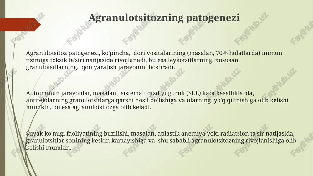 dan ortiq hollarda dorilar, jumladan, antibiotiklar, antipsixotiklar va sitostatiklar kabi gematotoksik preparatlar sabab bo'ladi. agranulotsitoz kamdan-kam hollarda, taxminan 1-5% hollarda, infektsiyalar, masalan, virusli infektsiyalar yoki sepsis tufayli yuzaga kelishi mumkin. autoimmun kasalliklar, masalan, sistemali qizil lupus yoki revmatoid artrit, agranulotsitoz rivojlanishiga olib kelishi mumkin bo'lgan immunopatologik mexanizmlarni faollashtiradi. e'tiboringiz uchun rahmat @taqdimot_robot