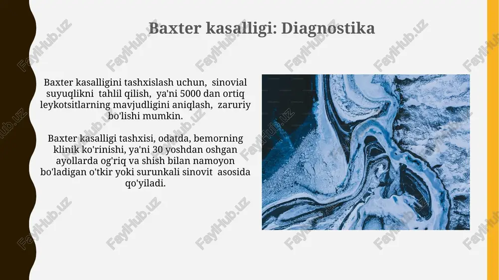 olgan holda amalga oshiriladi, ularning har biri o'ziga xos klinik belgilar va laboratoriya ko'rsatkichlari bilan tavsiflanadi. qon tahlillari, jumladan, yallig'lanish markerlari (esr, crp) va revmatoid omil (rf) darajasi, bo'g'im sindromining sababini aniqlash va turli xil kasalliklarni farqlashda yordam beradi, bu 70% hollarda aniq diagnostika qo'yish imkonini beradi. bo'g'im sindromi: umumiy nuqtai bo'g'im og'rig'i, shishishi va harakatlanish cheklanganligi kabi umumiy alomatlarga qo'shimcha ravishda, ba'zi bemorlarda isitma, charchoq va tana vaznining o'zgarishi kuzatilishi mumkin. bo'g'im sindromining 100 dan ortiq turli etiologiyasi mavjud bo'lib, ularning har biri o'ziga xos klinik ko'rinish va davolash usullariga ega. davolash strategiyalari va prognozi bog'lam sindromlarining differentsial diagnostikasida yallig'lanishga qarshi preparatlar, og'riq qoldiruvchilar va fizioterapiya kabi konservativ usullar samarali bo'lishi mumkin, 70% holatlarda yaxshi natija beradi. addison kasalligida kortikosteroid gormonlarini o'rinbosar terapiyasi hayotiy ahamiyatga ega bo'lib, bemorning 90% dan ortig'ida yaxshi prognoz kuzatiladi, lekin doimiy monitoring talab etiladi. baxter kasalligi: klinik ko'rinishi rentgenografiya tekshiruvida bo'g'imlarda 1-3 mm gacha …