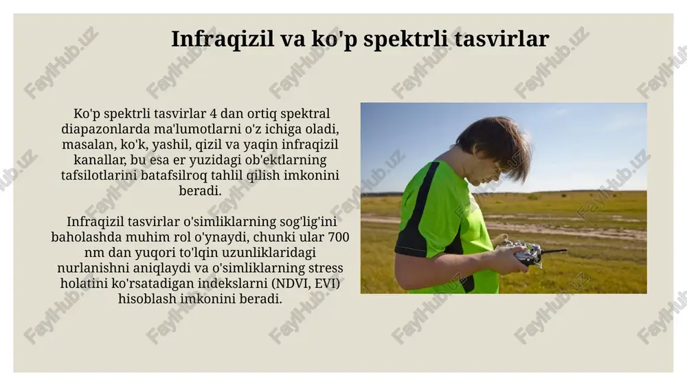 atish uchun ishlatiladi. video va lidar ma'lumotlari video va lidar ma'lumotlarini birgalikda qayta ishlash, masalan, 1 sm dan kam aniqlikdagi raqamli balandlik modellari (dgm) va fotorealistik 3d modellarning yaratilishiga olib keladi, bu esa turli xil qo'llanmalar uchun foydali bo'ladi. lidar (light detection and ranging) texnologiyasi, yer yuzasining 3d nuqta bulutini hosil qilish uchun, 100.000 dan ortiq nuqta/sekund tezlikda lazer impulslaridan foydalanadi, bu esa yuqori aniqlikdagi topografik ma'lumotlarni ta'minlaydi. raqamli yer modeli (rvm) rvm, geodezik ishlar, 3d modellashtirish va inshootlarni loyihalash kabi turli sohalarda qo'llaniladi va 100 gektar maydonni qamrab oladigan hududlarni modellashtirish uchun ideal hisoblanadi. rvm, 2 metrli aniqlikdagi piksel o'lchami bilan, yer yuzasining 3d tasvirini taqdim etadi va topografik rejalashtirishda muhim rol o'ynaydi, balandlik ma'lumotlarini aniq ko'rsatadi. konturi chiziqlar "kontur chiziqlar"ni yaratishda avtomatik vektorizatsiya texnologiyalari qo'llaniladi, bu esa ish unumdorligini 2-3 barobar oshirib, odatiy usullarga nisbatan kamroq xatolikka yo'l qo'yadi. "kontur chiziqlar" yer yuzasining gorizontal kesmalarini 2-5 metrli aniqlikda …
