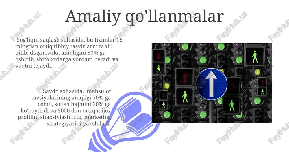 omatik yorliqlash (automatic labeling) va ma'lumotlarni tozalash (data cleaning) kabi texnikalardan foydalanish 90% gacha aniqlikni ta'minlaydi. kelajakdagi istiqbollar ai asosidagi avtomatlashtirilgan tizimlar 2030-yilga kelib inson xatoliklarini 30% ga kamaytirib, ishlab chiqarish samaradorligini sezilarli darajada oshirishi mumkin. kelgusi 5 yil ichida avtonom transport vositalarining soni 5 barobar oshishi va shuningdek, transport sohasida xavfsizlikni yuqori darajaga ko'tarishi kutilmoqda. xavfsizlik va maxfiylik masalalari shaxsiy ma'lumotlarni himoya qilish uchun gdpr kabi qonunlarga muvofiq ravishda ma'lumotlarni qayta ishlash bo'yicha aniq siyosat va protseduralarni ishlab chiqish va amalga oshirish muhimdir. tizim xavfsizligini ta'minlash uchun kamida ikki omilli autentifikatsiya (2fa) mexanizmi va intruzion detektsiya tizimlari (ids) kabi texnologiyalarni qo'llash zarur. tibbiyotdagi qo'llanilishi 01 02 onkologiya sohasida ai algoritmlari saraton hujayralarini aniqlashda 95% sezgirlik va 92% o'ziga xoslik ko'rsatkichlariga erishdi, bu esa erta diagnostika va samarali davolashni ta'minlaydi. sales 1st qtr 2nd qtr 100 0 sales 1st qtr 2nd qtr 100 0 sun'iy intellektning roli sun'iy intellekt yordamida …