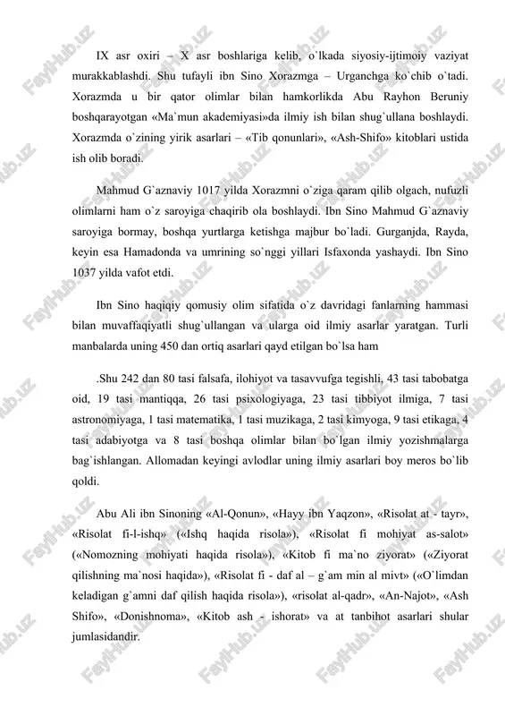ifo», «donishnoma», «kitob ash - ishorat» va at tanbihot asarlari shular jumlasidandir. ma`lumki, ibn sino ham boshqa mutafakkirlar kabi o`zining ta`lim-tarbiyaga oid qarashlarini ijtimoiy-falsafiy qarashlari bilan bog`liq holda ifodalagan, maxsus risolalarda talqin etgan. shuningdek, fanlarni tasnif etadi. bunda u birinchi o`ringa tibbiyot fanlarini qo`yadi. falsafani esa ikki guruhga, ya`ni nazariy va amaliy guruhlarga bo`ladi. nazariy guruh kishilarni o`zidan tashqaridagi borliq holati haqidagi bilimlarni egallashga yo`llasa, amaliy qism bizga bu dunyoda nimalar qilishimiz kerakligini o`rgatadi deydi. u birinchi guruhga etika, iqtisod, siyosatni kiritadi. ikkinchi guruhga fizika, matematika, metafizika, dunyo qonuniyatlarini o`rganuvchi barcha fanlarni kiritadi. abu ali ibn sino kamolotga erishishning birinchi mezoni sanalgan ma`rifatni egallashga da`vat etadi. chunki ilm-fan insonga xizmat qilib, tabiat qonunlarini ochib avlodlarga yetkazishi kerak. bu maqsadga yetishish uchun inson qiyinchiliklardan qo`rqmasligi zarur, deydi. «ey birodarlar! odamlarning botiri mushkulotdan qo`rqmaydi. kamolot hosil qilishdan bosh tortgan kishi odamlarning eng qo`rqog`idir» .zero, ma`rifatli kishi jasur, o`limdan ham qo`rqmaydigan, faqat haqiqatni …