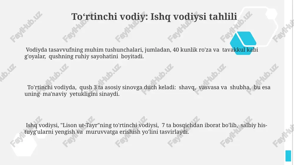 har bir vodiyda qushning (insoniyatning) duch keladigan sinovlari va to'siqlari, masalan, 2 ta vodiyda shaytonning vasvasasi kabi, allegorik usulda tasvirlangan. navoiyning "lison ut-tayr" dostonidagi 7 vodiy (ba'zi talqinlarda 6 ta) har biri ma'naviy kamolning muayyan bosqichini, ya'ni 7 ta maqomning 7 ta bosqichini ifodalaydi. vodiy tasvirlarining simvolik ma'nosi, tafsilotlarning boyligi va ular orqali ifodalangan 7 ta maqomning chuqur falsafiy mazmuni asarning asosiy g'oyasini ochib beradi. vodiylarning ramziy ma’nolari va asarning umumiy g‘oyasi navoiyning "lison ut-tayr" asarida tasvirlangan 7 vodiydan 5-6 tasining ramziy ma’nolarini tahlil qilish, insonga yetuklikka erishish yo‘lidagi 7 bosqichning metaforik ifodasini ko‘rsatadi. har bir vodiy, masalan, "vodiy-i ishq" yoki "vodiy-i ma'rifat" kabi, insonning ruhiy kamol topish jarayonida duch keladigan muayyan sinovlar va bosqichlarni, taxminan 7 ta asosiy fazilatni ifodalaydi. asarning umumiy g‘oyasi – insonning o‘z-o‘zini anglash va haqiqatga yetishish yo‘lidagi mashaqqatli sayohatini 7 ta vodiy orqali ramziy shaklda tasvirlash bo‘lib, 7 ta turli xil qiyinchiliklarni o‘z ichiga oladi. …