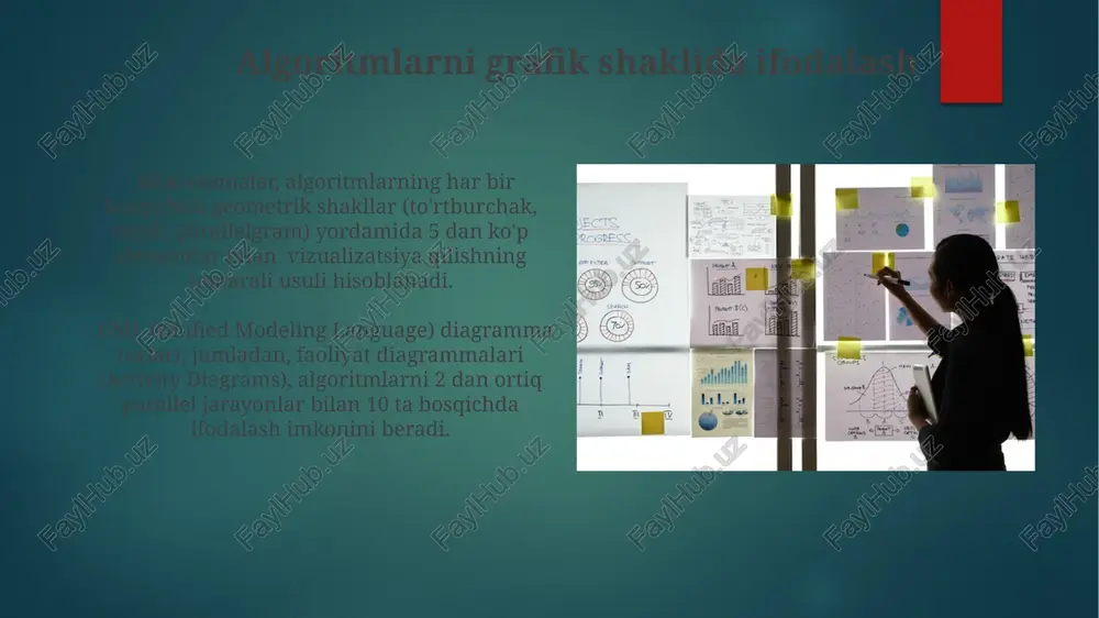 jalarni ko'rib chiqishni va eng yaxshi strategiyani aniqlashni talab qiladi; hisoblash murakkabligi eksponentsial o'sadi. qaror daraxtlarida har bir yo'lning oxirgi tuguniga ehtimollik qiymati va foyda yoki zarar ko'rsatkichi tayinlanadi, bu esa optimal qarorni aniqlashga yordam beradi va bu qiymatlar 0 dan 1 gacha bo'lishi mumkin. grafikli algoritm tasvirlash usullari davriy jarayonlarni tasvirlashda 5 ta holatdan va 7 ta o'tishdan iborat bo'lgan avtomatlar yordamida grafikli tasvirlash usuli juda samarali hisoblanadi va algoritmning takrorlanuvchi qismlarini vizual ravishda aks ettiradi. algoritmlarni tasvirlashda yo'naltirilgan graflardan, ya'ni 20 ta tugundan va ularni bog'laydigan 30 ta yoydan iborat bo'lgan strukturadan foydalanish mumkin. bu usul algoritmning murakkab tuzilmalarini aniq ko'rsatib beradi. e'tiboringiz uchun rahmat @taqdimot_robot image6.jpg image7.jpg image8.jpg image9.jpg image10.jpg image11.jpg image12.jpg image13.jpg image14.jpg image15.jpg image2.png image3.png image4.png image5.png aul lal. ; |}
