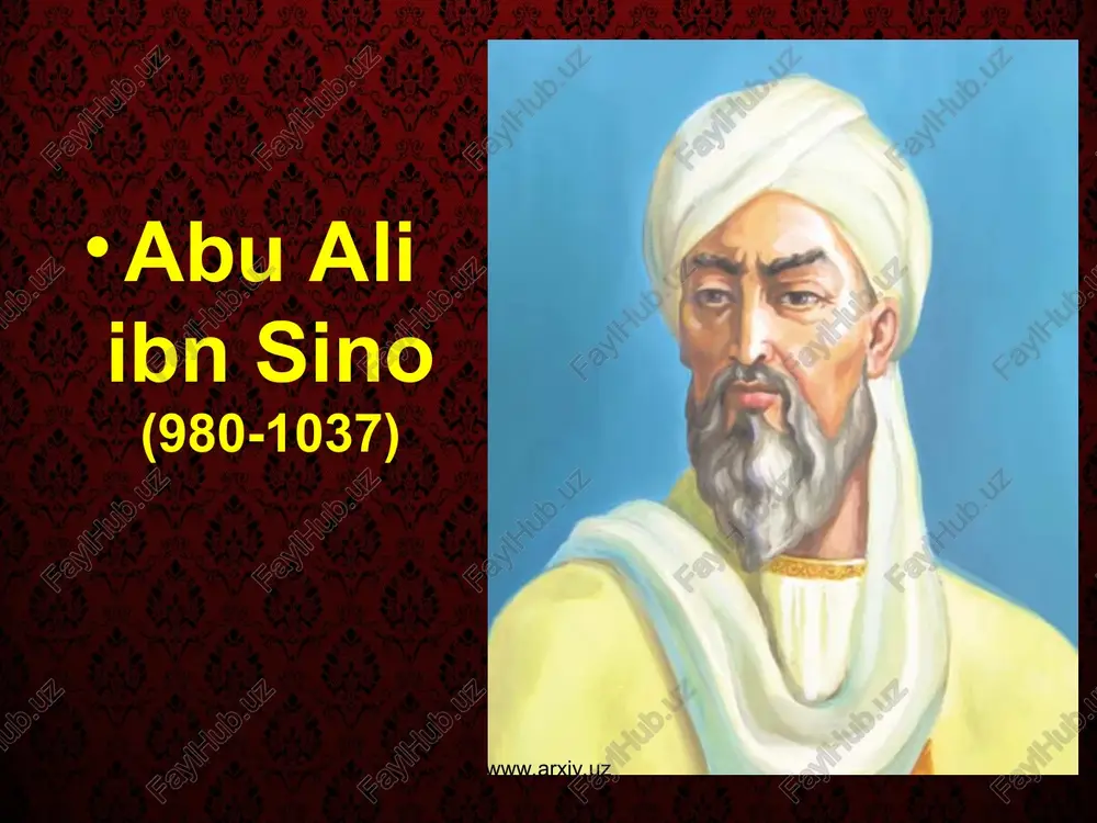 at - tayr», «risolat fi-l-ishq» («ishq haqida risola»), «risolat fi mohiyat as-salot» («nomozning mohiyati haqida risola»), «kitob fi ma`no ziyorat» («ziyorat qilishning ma`nosi haqida»), «risolat fi - daf al – g`am min al mivt» («o`limdan keladigan g`amni daf qilish haqida risola»), «risolat al-qadr», «an-najot», «ash shifo», «donishnoma», «kitob ash - ishorat» va at tanbihot asarlari shular jumlasidandir. www.arxiv.uz www.arxiv.uz ma`lumki, ibn sino ham boshqa mutafakkirlar kabi o`zining ta`lim-tarbiyaga oid qarashlarini ijtimoiy-falsafiy qarashlari bilan bog`liq holda ifodalagan, maxsus risolalarda talqin etgan. shuningdek, fanlarni tasnif etadi. bunda u birinchi o`ringa tibbiyot fanlarini qo`yadi. falsafani esa ikki guruhga, ya`ni nazariy va amaliy guruhlarga bo`ladi. nazariy guruh kishilarni o`zidan tashqaridagi borliq holati haqidagi bilimlarni egallashga yo`llasa, amaliy qism bizga bu dunyoda nimalar qilishimiz kerakligini o`rgatadi deydi. www.arxiv.uz www.arxiv.uz u birinchi guruhga etika, iqtisod, siyosatni kiritadi. ikkinchi guruhga fizika, matematika, metafizika, dunyo qonuniyatlarini o`rganuvchi barcha fanlarni kiritadi. www.arxiv.uz www.arxiv.uz abu ali ibn sino kamolotga erishishning …
