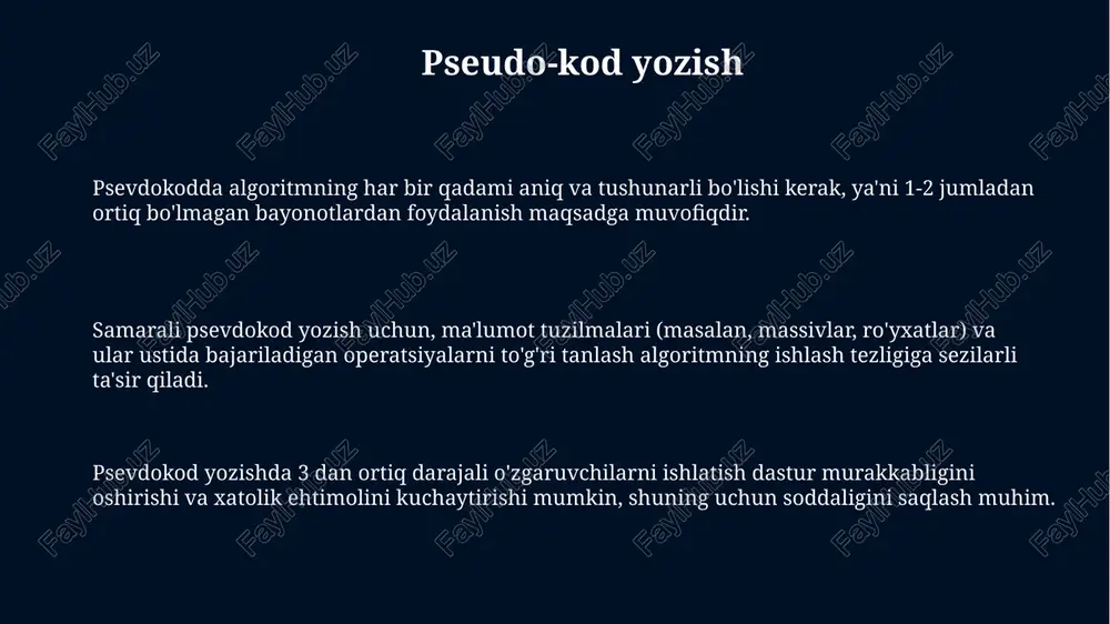 muvaffaqiyatli yakunlanishi lozim. algoritmlarni amalga oshirishda samaradorlikni baholash uchun big o notation kabi murakkablik tahlili usullaridan foydalaniladi. masalan, o(n) va o(n^2) murakkablikdagi algoritmlar orasidagi farq sezilarli bo'lishi mumkin. kodlash jarayonida, o'rtacha 1000 satr kod uchun kamida 20 ta funksiya va 5 ta sinfdan foydalanish samaradorlikni oshirishi mumkin. bu kodning tuzilishi va o'qiyolishini yaxshilaydi. test va sinovdan o'tkazish sinovdan o'tkazish jarayoni kamida 3 ta turli test holatini (masalan, chegaraviy qiymatlar, o'rtacha qiymatlar va noto'g'ri kiritilgan ma'lumotlar) o'z ichiga olishi kerak, har bir holat uchun kutilgan natijalar aniq belgilangan bo'lishi zarur. muvaffaqiyatli sinovdan o'tkazish algoritmning to'g'riligiga 95% ishonch hosil qilish imkonini beradi, qolgan 5% xatolarni aniqlash uchun qo'shimcha testlarni o'tkazish tavsiya etiladi. algoritmni tekshirishda bir nechta test to'plamlaridan (masalan, 100 ta kichik test, 50 ta o'rtacha test va 10 ta katta test) foydalanish samaradorligini oshiradi va turli hajmdagi ma'lumotlar bilan ishlash qobiliyatini tekshiradi. algoritmning samaradorligini tahlil qilish algoritmlarni tahlil qilishda o(n^2) murakkablik …