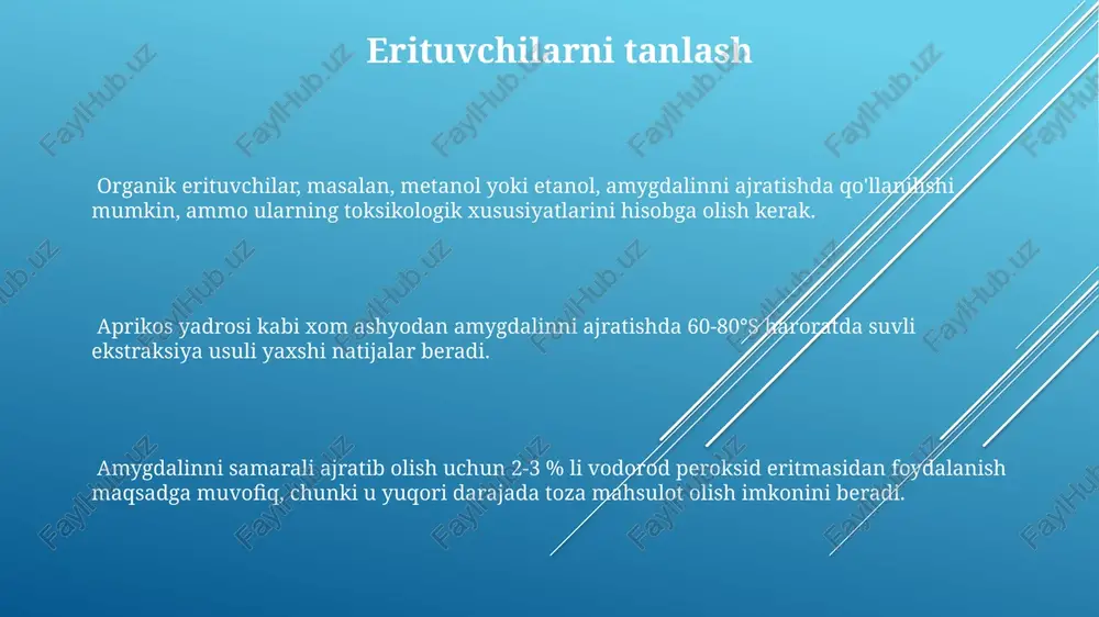 ladi. chiqindi mahsulotlarni qayta ishlash amygdalin ekstraksiyasi jarayonida hosil bo'ladigan chiqindi mahsulotlar tarkibida 5-10% gacha qimmatbaho organik birikmalar saqlanishi mumkin, ularni qayta ishlash orqali qo'shimcha foyda olish mumkin. chiqindi suvlarni tozalash uchun membranali filtrlash texnologiyalari, masalan, o'zgaruvchan bosimli ultrafiltratsiya (uf) yoki teskari osmoz (ro) usullarini qo'llash samaradorligini 90% gacha oshirishi mumkin. amygdalin ekstraksiyasi chiqindilaridan olingan lignin va selluloza kabi polimerlarni biogaz ishlab chiqarishda yoki bioplast yaratishda xomashyo sifatida ishlatish mumkin, bu esa 20-30% chiqindilarni kamaytiradi. amygdalinning manbalari amygdalinni ekstraksiya qilishda, xom ashyo sifatida 100 kg olma yadrosi olinganda, o'rtacha 3-5 kg gacha sof amygdalin olish mumkin. bu samaradorlik darajasi ishlatilayotgan usul va xom ashyoning sifati bilan bog'liq. suvli ekstraksiya usuli amygdalinni ajratib olishda 80% ga yaqin samaradorlikni ta'minlaydi, ammo organik erituvchilar bilan ekstraksiya yuqori tozalikdagi mahsulot olish imkonini beradi, ammo samaradorlik 60-70% atrofida bo'ladi. amygdalin ekstraktida 2-7% gacha amigdalin bo'lishi mumkin, bu ekstraksiya usuli, xom ashyoning kelib chiqishi va tozalash …