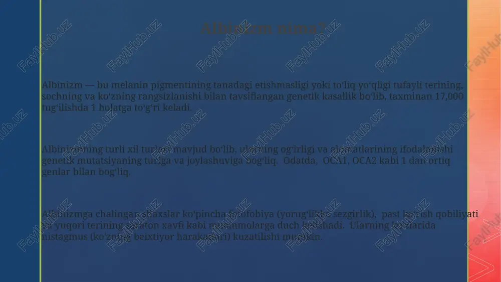 tekshiruvi orqali amalga oshiriladi, bunda pigment etishmasligi aniqlanadi va taxminan 90% hollarda aniq tashxis qo'yish imkonini beradi. albinizm haqida noto'g'ri tushunchalar albinizm irsiy kasallik bo'lib, faqatgina ota-onalardan biridan meros bo'lib o'tishi mumkin degan noto'g'ri tushuncha mavjud. aslida, ikkala ota-onadan ham retsessiv genlar meros bo'lib o'tishi kerak. albinizm bilan tug'ilgan barcha odamlarning ko'rish qobiliyati yomon bo'ladi degan fikr noto'g'ri. ko'rish qobiliyatining buzilishi albinizmning turli darajalariga ega bo'lishi mumkin, ba'zi hollarda unchalik sezilarli emas. albinizm quyosh nurlariga haddan tashqari sezgirlikni 100% keltirib chiqarmaydi, ba'zi albinolar boshqalarga qaraganda quyosh nurini yaxshiroq toqat qila oladilar. bu albinizmning turli xil turlari va ularning og'irlik darajalari bilan bog'liq. albinizmning davolash usullari melanin yetishmasligiga qarshi genetik terapiya usullari hali ham tadqiqot bosqichida bo'lib, taxminan 10-15 yil ichida klinik qo'llanilishi kutilmoqda. ko'rish qiyinchiliklarini bartaraf etish uchun maxsus ko'zoynaklar, 20 dan ortiq turdagi linzalardan foydalanish tavsiya etiladi, bu esa bemorlarning hayot sifatini yaxshilaydi. albinizmning asosiy davolash usuli simptomatik bo'lib, …