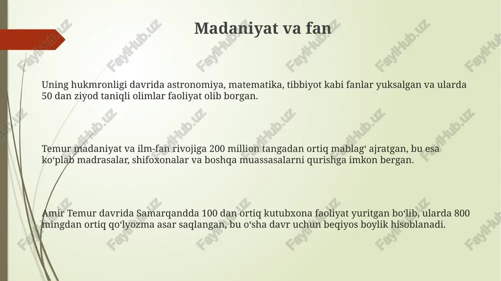 ilgan. uning qo'shinlari 100 000 dan ortiq askardan iborat bo'lib, murakkab harbiy strategiya va ilg'or texnologiyalarni qo'llagan. iqtisodiyot va savdo uning iqtisodiy siyosati soliq tizimini takomillashtirishga qaratilgan bo‘lib, yer solig‘i daromadning 10%ini tashkil etgan va bu mablag‘lar infratuzilma va armiya ehtiyojlariga yo‘naltirilgan. amir temur davrida yirik shaharlar orasidagi savdo yo‘llari rivojlanib, yillik savdo aylanmasi 10 million tangaga yetgan, bu o‘sha davr uchun ulkan ko‘rsatkich edi. temur hududidagi dehqonchilik va hunarmandchilikning rivojlanishi natijasida ichki bozor sezilarli darajada kengayib, xalqaro savdo ham faollashdi, jumladan xitoy, hindiston va yevropa bilan aloqalar mustahkamlandi. temur davlatining siyosiy tizimi temur davlati ulkan imperiya boʻlib, 4 ta ulusga boʻlingan va har bir ulusga temur tomonidan tayinlangan amirlar boshqargan, bu esa markazlashgan boshqaruv tizimini namoyon etadi. temur davlatida qonunlar "temur qonunlari" deb nomlangan toʻplamga kiritilgan boʻlib, unda 200 dan ortiq modda jinoyatlar va ularga nisbatan jazolarni aniq belgilab bergan. davlatning moliyaviy tizimi yer soliqlari, savdo soliqlari va konlardan …