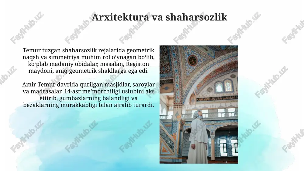 viloyatlarni zabt etish orqali shakllana boshladi, bu esa uning harbiy kuchining asosiy ko'rsatkichi bo'ldi. 1370-yillardan 1390-yillar oralig'ida temur qo'shinlari eron, o'rta osiyo va kavkazni qamrab oldi, bu esa imperiyaning chegaralarini sezilarli darajada kengaytirdi va uning iqtisodiy qudratini oshirdi. chet el davlatlari bilan munosabatlar amir temur oltin oʻrda bilan 1395-yilda sulh tuzdi, bu esa unga janubiy rus yerlariga hujum qilish uchun qoʻshinlarini toʻplashga imkon berdi. temur xitoy bilan savdo-sotiq aloqalarini rivojlantirishga harakat qildi, ammo bu munosabatlar koʻp jihatdan siyosiy strategiyasi bilan bogʻliq edi, natijada 1405 yilda uning o'limidan keyin bu aloqalar zaiflashdi. temur davlatining meʼmorchiligi temur davlatining meʼmorchiligi 14-asrda gullab-yashnagan boʻlib, taxminan 100 dan ortiq yirik shahar va qishloqlarda ulkan masjidlar, saroylar, madrasalar va karvonsaroylar qurilgan. samarqanddagi registon maydoni, uchta ulkan madrasa – ulugh beg, shir dor va tilya-kori madrasalarini oʻz ichiga olgan holda, temur davlati meʼmorchiligining yorqin namunasidir va murakkab geometrik naqshlar bilan bezatilgan. temur merosi va uning ahamiyati temur …