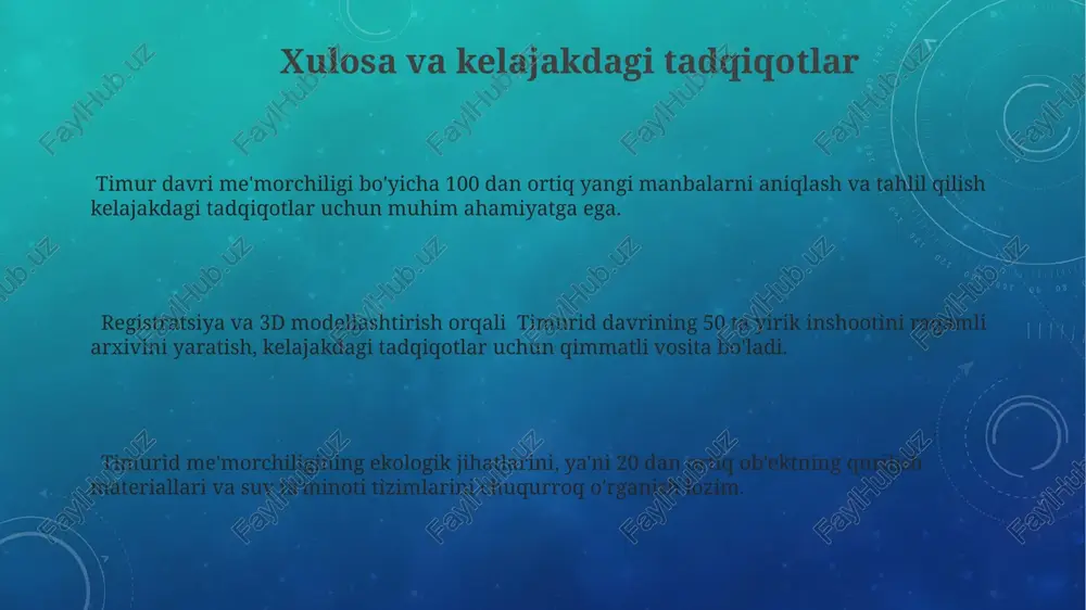 lib, har biri oʻziga xos bezak va oʻlchamlarga ega. tillya-kori madrasasining ichki hovlisi 36 ta ustun bilan oʻralgan boʻlib, uning gumbazlari va devorlari nafis chinni plitalar bilan qoplangan. yogʻoch oʻymakorligi: temuriylar davridagi yogʻoch oʻymakorlik namunalari yog'och o'ymakorligi buyumlarining 30% dan ortig'i me'moriy detallarni, 20% esa mebel va uy-ro'zg'or buyumlarini bezashda ishlatilganini arxeologik tadqiqotlar ko'rsatmoqda. temuriylar davrida yog'och o'ymakorligi 15-16-asrlarda gullab-yashnagan bo'lib, masjidlar, madrasalar va saroylarning ichki bezaklarida keng qo'llanilgan murakkab geometrik va floral naqshlarga ega edi. o'ymakorlikda qoraqalpoq, buxoro va samarqand maktablari mavjud bo'lib, ularning har biri o'ziga xos uslub va texnikalarga ega edi, masalan, samarqand maktabi chuqur relyefli o'ymakorligi bilan ajralib turardi. bibi-xonum masjidi: ulugʻvorlik va hajmi bibi-xonum majmuasining maydoni 10 gektardan ortiqni egallagan boʻlib, bu uning ulkan hajmiga va amir temur davridagi yirik me'moriy inshoot ekanligidan dalolat beradi. bibi-xonum masjidi, 14-asrda qurilgan boʻlib, uning asosiy gumbazi diametri 40 metrdan oshgan, bu oʻsha davr me'morchiligi uchun ajoyib koʻrsatkich hisoblanadi. …