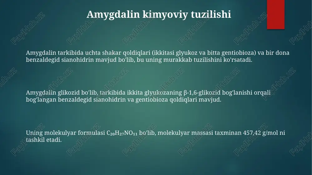llari va solventlarni tanlash muhim ahamiyatga ega. amygdalinning saqlash shartlari amygdalinni 2-8°c haroratda, quruq va yorug'likdan himoyalangan joyda, havo o'tkazmaydigan idishda saqlash kerak, bu uning parchalanishini sekinlashtiradi va 2 yilgacha saqlash muddatini ta'minlaydi. to'g'ri saqlash sharoitida ham, amygdalinning faolligi asta-sekin pasayadi, shuning uchun uni 12 oydan keyin qayta tekshirish va zarur bo'lsa, yangisini tayyorlash tavsiya etiladi. amygdalin kristallari namlikka juda sezgir, shuning uchun namlik darajasi 5% dan oshmasligi kerak; aks holda, u gidrolizlanib, ta'sirini yo'qotishi mumkin. amygdalin nima? amygdalin – bu tarkibida 2 molekula glyukozadan, 1 molekula benzaldegid va 1 molekula sianid ionidan tashkil topgan murakkab glikozid boʻlib, oʻsimliklar, xususan, oʻrik va bodom urugʻlarida uchraydi. amygdalin 1830-yilda fransuz kimyogari pyer robiquet tomonidan ochilgan va tibbiyotda turli xil tadqiqotlar ob'ekti bo'lib kelmoqda, ammo uning samaradorligi va xavfsizligi hali ham bahsli masalalardir. uning kimyoviy formulasi c₂₀h₂₇no₁₁ boʻlib, gidroliz natijasida benzaldegid, gidrosian kislota va ikki molekula d-glyukozaga parchalanadi. uning tarkibidagi sianid tufayli zaharli …