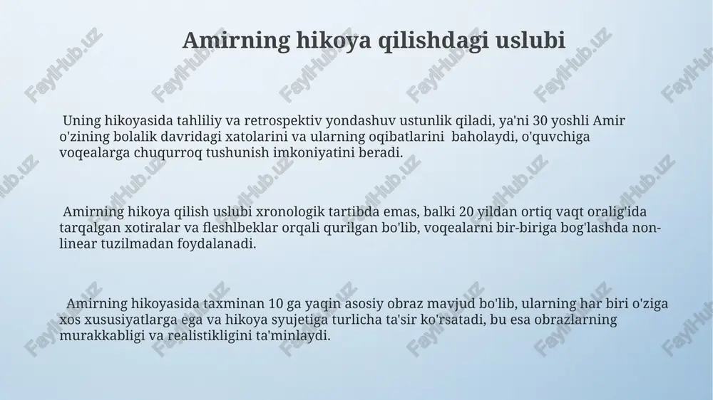 iga xos xususiyatlari amirning afg'on va amerika madaniyatlari orasidagi ikki tomonlama hayot tajribasi, ikkinchi tilni o'rganish kabi olingan bilimlarni va shaxsning rivojlanishiga ta'sirini aks ettiradi. uning yozuvchi sifatida rivojlanishi, xotiralariga tayanib hikoya qurish texnikasini qo'llashi va o'tmishdagi xatolarini tahlil qilish orqali o'z-o'zini anglash jarayonini ko'rsatadi. amirning qahramonlikka intilishi, 12 yoshida bo'lgan qo'rqoqligi va keyinchalik 20 yildan ortiq davom etgan gunohi bilan bog'liq ichki ziddiyatlarini aks ettiradi. amirning qarashlari va e'tiqodlari amirning dastlabki yoshlik davridagi naiv va sodda qarashlari, o‘zining afg‘on millati va madaniyati bilan faxrlanishi, 12 yoshida sodir bo‘lgan voqea tufayli keskin o‘zgaradi va unga chuqur ta’sir qiladi. amirning poklik va gunoh tushunchalariga bo‘lgan munosabati, diniy e’tiqodining shaxsiy rivojlanishiga ta’siri, qurbonlik va kechiruv kabi murakkab mavzulardagi 2 xil qarama-qarshi tuyg‘ularini boshdan kechirishi. amirning g‘urur va ayb tuyg‘ulari o‘rtasidagi doimiy kurashi, o‘zining xato va kamchiliklarini tan olishga intilishi, 30 yildan ortiq vaqt o‘tgach, qilgan ishlarining oqibatlarini bartaraf etishga harakat qilishi. amirning …