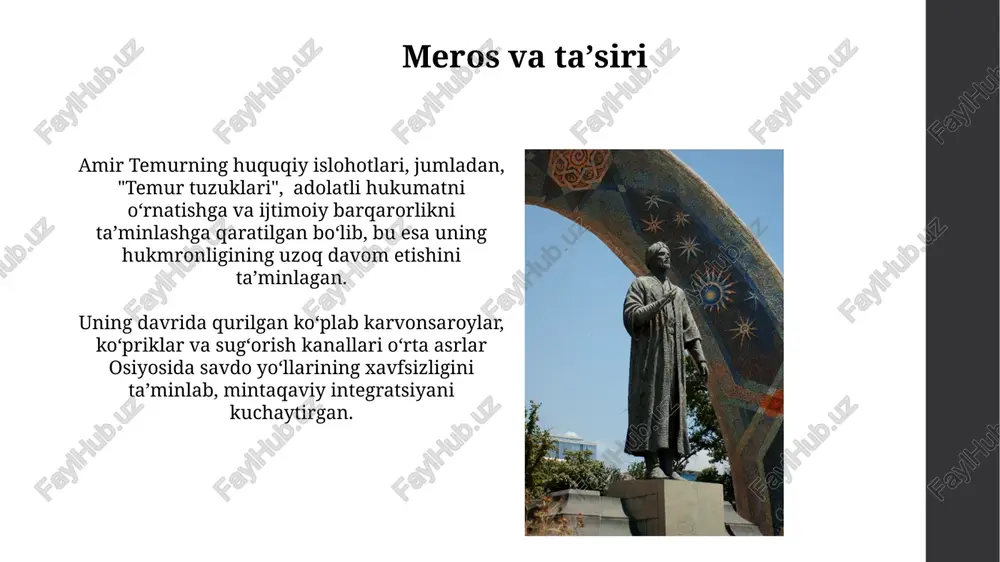 tgan, bu uning keng koʻlamli siyosatining muhim jihati hisoblanadi. temur davlatining mustahkamligi va barqarorligi temur imperiyasi ichki ishlarni boshqarishda, yagona soliq tizimi va aholining qat'iy ro'yxatini yuritish orqali iqtisodiy barqarorlikni ta'minladi. temur davlati 1370-yildan 1405-yilgacha 35 yil davomida o'zining harbiy kuchiga va samarali ma'muriy tizimiga tayanib, markaziy osiyoda barqarorlikni ta'minladi. temur davridagi ijtimoiy hayot temur davrida irrigatsiya tizimi takomillashtirildi, yangi kanallar qazilib, suv ta'minoti yaxshilandi, bu esa qishloq xo'jaligi mahsulotlarining ko'payishiga olib keldi va oziq-ovqat xavfsizligini ta'minladi. temur davrida shaharlarning aholisi sezilarli darajada oshdi, masalan, samarqand aholisi 150 ming kishidan oshgan, bu davr uchun juda yuqori ko'rsatkich hisoblanadi. e'tiboringiz uchun rahmat @taqdimot_robot image1.jpg image2.jpg image3.jpg image4.jpg image5.jpg image6.jpg image7.jpg image8.jpg image9.jpg image10.jpg image11.jpg image12.jpg