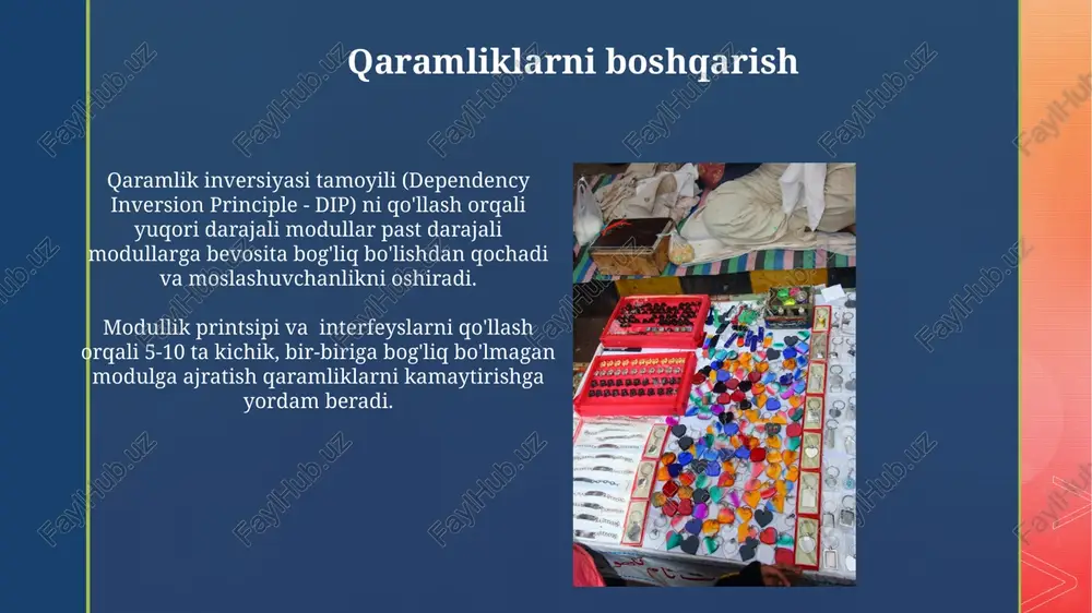 ing) imkoniyati orqali 2 ta yoki undan ortiq xususiyatni bir vaqtning o'zida rivojlantirish mumkin, bu esa rivojlanish jarayonini tezlashtiradi va loyiha muddatlariga rioya qilishni ta'minlaydi. abstraktsiya va inkapsulyatsiya printsiplari inkapsulyatsiya ma'lumotlar va usullarni bitta birlikka birlashtirib, ularga tashqi kirishni cheklaydi, shu bilan dasturning ishonchliligi va 1-2 ta xatoliklarning oldini olishga yordam beradi. abstraktsiya va inkapsulyatsiya oop (obyektga yo'naltirilgan dasturlash) ning asosiy tamoyillari bo'lib, ular kodning qayta ishlanishini va 5 dan ortiq modullar o'rtasidagi bog'lanishning soddalashtirilishiga yordam beradi. kelajakdagi rivojlanish va moslashuvchanlik mikroservis arxitekturasi kabi zamonaviy yondashuvlar dastur va mozaika ishlarini 2 barobar tezroq yangilash va moslashtirish imkonini beradi. kelajakdagi texnologiyalarni (masalan, ai va bulut hisoblash) qo‘llash orqali 30% ga yaqin samaradorlikni oshirish va 5 yil ichida moslashuvchanlikni ta’minlash mumkin. sinovdan o'tkazish va xatolarni tuzatish strategiyasi sinovdan o'tkazish jarayonida kamida 3 ta turli brauzer (chrome, firefox, safari) va 2 ta qurilma (kompyuter, mobil)da tekshirish samaradorlikni oshiradi. avtomatlashtirilgan testlar yordamida 1000 dan …