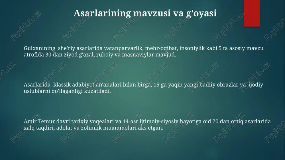 g bevosita homiyligi milliy adabiyotimiz rivojiga katta hissa qo'shdi. gulxaniyning ijodkorlik yo'li gʻulxanining ijodkorlik yoʻlida 1920-yillarning boshlarida yozgan sheʼrlari milliy uygʻonish gʻoyalarini aks ettirib, yangi adabiy uslublarning paydo boʻlishiga taʼsir koʻrsatgan. uning 30 dan ortiq sheʼriy toʻplami va hikoyalari oʻzbek adabiyotiga katta hissa qoʻshdi, realizm va romantizm elementlarini uygʻunlashtirdi. gʻulxanining ijodiy faoliyati davomida kamida 5 ta turli janrda, jumladan, dramatik asarlarda ham qoʻl sinab koʻrganligi maʼlum. adabiy merosining dolzarbligi o'tgan asrning 70 yillaridan boshlab, adabiy merosning o'rganilishida yangi uslublarning joriy etilishi uning dolzarbligini yanada oshirdi. milliy adabiyotimizdagi 300 dan ortiq asarning qayta nashr etilishi va elektron kutubxonalarda saqlanishi uning zamonaviy jamiyat uchun ahamiyatini tasdiqlaydi. adabiyotshunoslikdagi 20 dan ortiq yangi tadqiqotlar milliy adabiyotimizning boyligi va dolzarbligini ko'rsatadi, bu esa yoshlar ongida milliy g'ururni shakllantiradi. gulxaniyning badiiy mahorati gulxaniyning lirik qahramoni chuqur his-tuygʻular, 2-3 qatorda ifodalanadigan murakkab ichki holatlarni yorqin tasvirlaydi, bu esa uning psixologik tahlil mahoratini namoyon qiladi. uning asarlarida 30 …