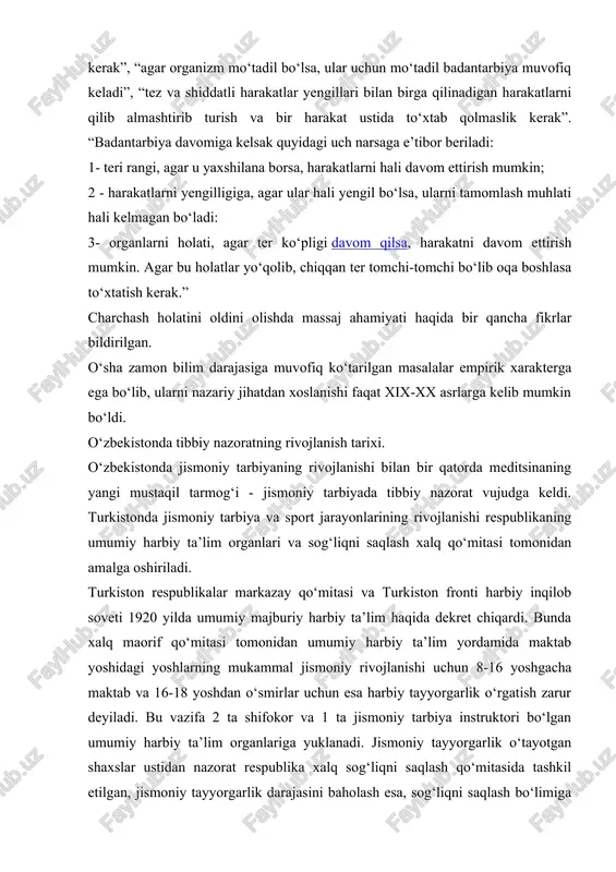 n umumiy harbiy ta’lim yordamida maktab yoshidagi yoshlarning mukammal jismoniy rivojlanishi uchun 8-16 yoshgacha maktab va 16-18 yoshdan o‘smirlar uchun esa harbiy tayyorgarlik o‘rgatish zarur deyiladi. bu vazifa 2 ta shifokor va 1 ta jismoniy tarbiya instruktori bo‘lgan umumiy harbiy ta’lim organlariga yuklanadi. jismoniy tayyorgarlik o‘tayotgan shaxslar ustidan nazorat respublika xalq sog‘liqni saqlash qo‘mitasida tashkil etilgan, jismoniy tayyorgarlik darajasini baholash esa, sog‘liqni saqlash bo‘limiga yuklanadi. bu bo‘limning shtati shifokor, pedagog va jismoniy tarbiya instruktoridan iborat edi. 1922 yilda jismoniy tarbiya va ta’lim dasturlari va rejalarini tasdiqlandi, jismoniy tarbiya instruktorlari uchun qisqa va uzoq muddatli kurslar tashkil etildi, jismoniy tarbiya targ‘ibotiga jismoniy tarbiya saroylari, stadion, maydonchalar, antropometrik kabinetlar ochildi. 1923 yilda bolalar sog‘liqni saqlash bo‘lim rejasiga bolalar muassasalariga jismoniy tarbiyani kiritish, maktab-larda bolalar muassalarida narkompress tashkilotlarida tib-biyot sanitariya nazorati masalalarini ishlab chiqish ko‘zda tutildi. respublikada birinchi marotaba shifokorlar lyubimova va ukransovalar boshchiligida maktablarda bolalar jismoniy tarbiya uchun dasturlar ishlab chiqildi, o‘quv …