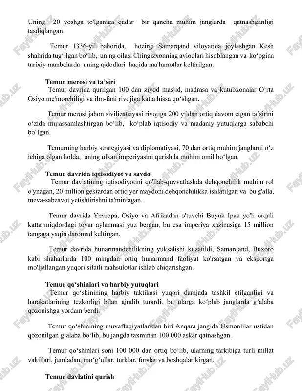 g 20 yoshga to'lganiga qadar bir qancha muhim janglarda qatnashganligi tasdiqlangan. temur 1336-yil bahorida, hozirgi samarqand viloyatida joylashgan kesh shahrida tugʻilgan boʻlib, uning oilasi chingizxonning avlodlari hisoblangan va koʻpgina tarixiy manbalarda uning ajdodlari haqida ma'lumotlar keltirilgan. temur merosi va taʼsiri temur davrida qurilgan 100 dan ziyod masjid, madrasa va kutubxonalar o‘rta osiyo me'morchiligi va ilm-fani rivojiga katta hissa qo‘shgan. temur merosi jahon sivilizatsiyasi rivojiga 200 yildan ortiq davom etgan taʼsirini o‘zida mujassamlashtirgan bo‘lib, ko‘plab iqtisodiy va madaniy yutuqlarga sababchi bo‘lgan. temurning harbiy strategiyasi va diplomatiyasi, 70 dan ortiq muhim janglarni o‘z ichiga olgan holda, uning ulkan imperiyasini qurishda muhim omil bo‘lgan. temur davrida iqtisodiyot va savdo temur davlatining iqtisodiyotini qo'llab-quvvatlashda dehqonchilik muhim rol o'ynagan, 20 million gektardan ortiq yer maydoni dehqonchilikka ishlatilgan va bu g'alla, meva-sabzavot yetishtirishni ta'minlagan. temur davrida yevropa, osiyo va afrikadan o'tuvchi buyuk ipak yo'li orqali katta miqdordagi tovar aylanmasi yuz bergan, bu esa imperiya xazinasiga 15 …