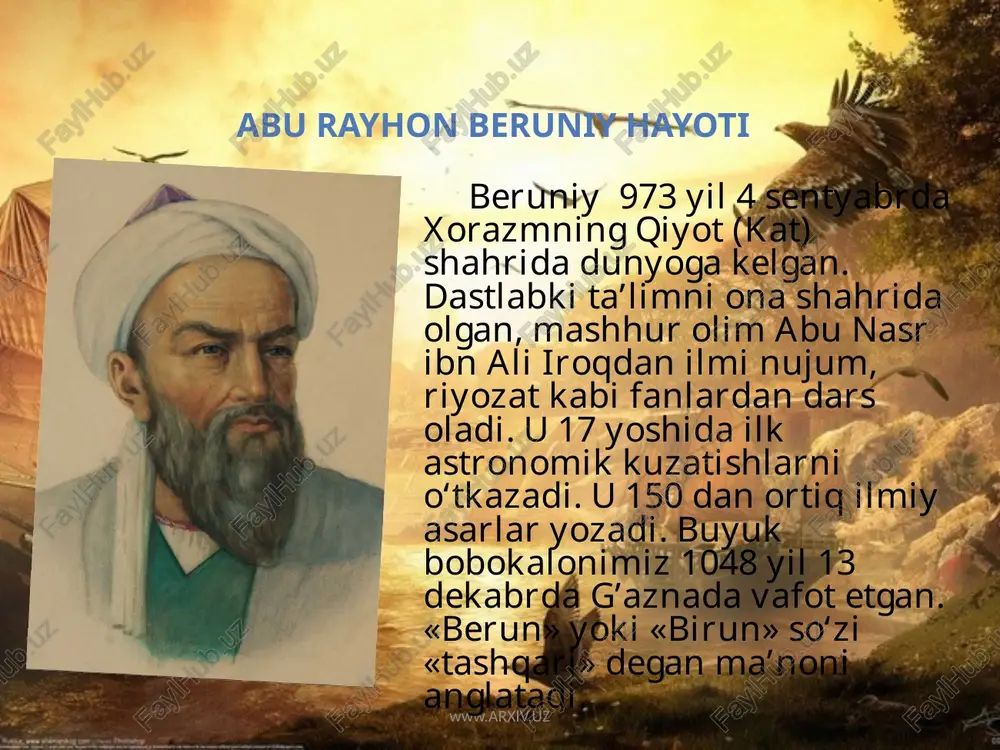 yasagan. www.arxiv.uz beruniy yaratgan globusi beruniy o’rta osiyo va umuman yaqin sharqda birinchi ilmiy globuslardan birini bunyod etgan. bu globusda aholi yashaydigan joylar aniq ko’rsatilgan va buning yordamida ularning geografik koordinatlarini aniqlash mumkin bo’lgan. www.arxiv.uz baʼzi asarlarining yaratilish tarixi beruniy tibbiyotga bagʻishlangan „saydana“ asarida mingdan ortiq dorivor moddalar nomini 30 tilda yozib chiqqan. oʻzining birinchi astronomik tajribalarni 16 yoshda kot shahrida boshlagan alloma, joʻrjonda nafaqat astronomiya va boshqa tabiiy fanlar bilan shugʻullandi, balki tarix va din tarixi bilan ham qiziqdi. olimning muhim asarlaridan biri „qadimgi xalqlardan qolgan yodgorliklar“ uning joʻrjon saroyida xizmat qilgan davrida yaratiladi. 1000-yili tugallagan bu asar muallifning koʻp qirrali olim ekanini namoyish etdi va unga katta shuhrat keltirdi. www.arxiv.uz “hindiston tarixi”asari u hindistonda boʻlajak asari „hindiston tarixi“ uchun maʼlumot yigʻdi va uni 1030-yil yozib tugatdi. oʻsha yili mahmud vafot etdi va uning oʻrniga oʻgʻli mas’ud taxtga chiqdi. mas’ud beruniyga koʻp iltifotlar koʻrsatdi. shu sababli, beruniy oʻzining shoh …