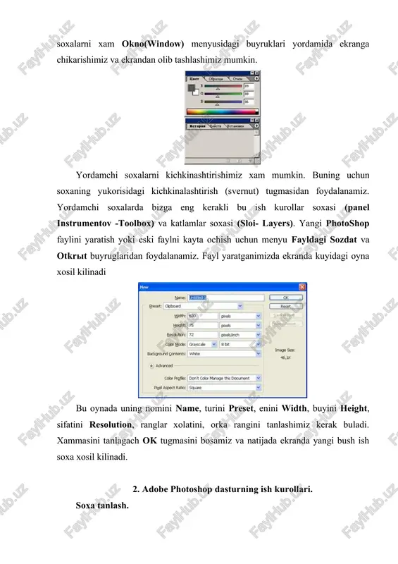 ) - [l] - kupburchak soxani tanlash. tanlangan soxani berkitish uchun yoki sichkoncha bilan ikkitali bosish kerak, yoki ctrl tugmasini bosi kuyvorishimiz kerak buladi. magnit lasso - magnetic lasso (magnitnoe lasso) - [l] - uxshash ranglar buyicha soxa tanlash. kompyuter tanlagan nuxtani bekor kilish uchun backspace tugmasini bosish kerak. tanlangan soxaga kushimcha soxa kushish uchun shift tugmasini bosib turib ushbu tugmadan kayta foydalanamiz. agar esa alt tugmasidan foydalanib soxa tanlasak, u xoldatanlangan soxadan olib tashlash ma’nosini bildiradi. xususiyatlar satrida kuydagilar aktiv buladi: · shift va alt tugmalar xarakatlariga uxshash xolatlarni tanlash · feather soxasi yordamida tanlangan soxa chegaralarini kalinligi · anti-aliased opsiyasi tanlangan soxaning chegaralar rangini kuzga kurinmas kilib bir biriga moslash · width - tanlangan soxaning chegaralar kalinligini uzgartirish · edge contrast - magnit lassoning sezguvchanligini uzgartirish · frequency - magnit lassoning avtomatik ravishda kuyiladigan nuxtalar urtasidagi masofa sexrli tayokcha - magic wand (volshebnaya palochka) - [w] - bir …