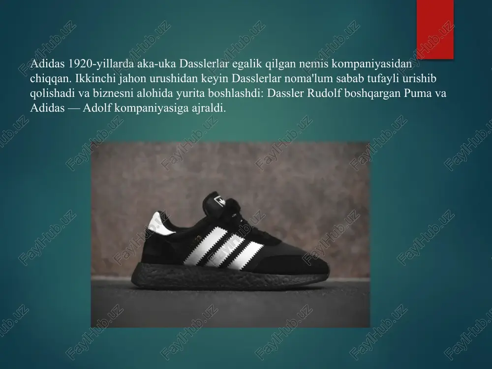 2012 yilda adidas londondagi olimpiya va paralimpiya o‘yinlarining homiysi bo‘lgan. adidas formasini ko‘ngillilar, xizmat ko‘rsatuvchilar, hukumat vakillari va buyuk britaniya terma jamoasi ishtirokchilari kiyishgan adidas shartnoma imzolangan sportchilarni ham kiyintirgan. masalan, amerika terma jamoasi besketbolchisi derrik rouz adidas bilan hamkorlikda yaratilgan d-rose krossovkalarini kiygan. adidas ijrochi direktori gerbert xaynerning so‘zlariga ko‘ra, 2007 yildan 2012 yilgacha kompaniya homiylik, marketing va londondagi olimpiada reklamasiga 100 mln funt (deyarli 130 mln dollar) sarflagan. adidas bugungi kunda adidas bosh direktori kasper rorshtedning so‘zlariga ko‘ra, 2018 yil uchun belgilangan istiqbolli vazifa – onlayn-do‘konni rivojlantirish. adidas bir vaqtning o‘zida ham funksional, ham urfga mos bo‘ladigan sport buyumlarini yaratishda davom etadi. buning uchun brend moda dizaynerlari bilan hamkorlikda to‘plamlar chiqaradi. rorshted misol keltirdi: yaqinda adidas youtube’da niderlandiyalik 21 yoshli daniel katarini topdi va u bilan birgalikda kapsulali to‘plamni chiqardi. shuningdek, kompaniya 3d-printerda chop etilgan krossovkalarni ishlab chiqarishda davom etadi. “3d chop etish bizning eng muhim platformamizga aylanadi. …
