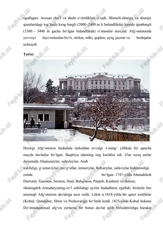 80 yillardagi urushlar). angliya afgʻonistonni oʻz mustamlakasiga aylantira olmadi, lekin 1879-yilda tashqi siyosat uning nazorati ostiga oʻtdi. 19-asr oxiri — 20 — asr boshlarida afgʻonistonda markazlashgan davlatni shakllantirish jarayoni yakunlandi. birinchi jahon urushida afgʻoniston oʻzini betaraf deb eʼlon qildi. qulay xalqaro sharoitning vujudga kelishi afgʻoniston amiri omonulloxonga 1919-yil 28-fevralda afgʻonistonni mustaqil deb eʼlon qilishga imkon berdi. 1919 — 28 yillarda omonulloxon mamlakatda qoloqlikni bartaraf qilish va ishlab chiqarish munosabatlarini rivojlantirishga yoʻnaltirilgan bir qancha islohotlarni amalga oshirdi. 1923-yilda afgʻonistonning birinchi konstitutsiyasi eʼlon qilindi. 1929-yilda angliya tomonidan uyushtirilgan isyon natijasida omonulloxon taxtdan ketdi. hokimiyatni muxolifat kuchlari rahbarlaridan biri, bachai saqo (amir habibullo nomi bilan) egalladi va u barcha islohotlarni bekor qildi. lekin shu yilning oʻzida bachai saqo hokimiyati agʻdarib tashlandi. taxtga oʻtirgan nodirshoh hukumati mamlakatni jadal rivojlantirish yoʻlini davom ettirdi. 1933-yil taxtga uning oʻgʻli muhammad zohirshoh oʻtirdi. ii jahon urushi davrida afgʻoniston betaraflikni saqlab qoldi. urushdan keyingi yillarda davlat tizimini demokratlashtirish, mamlakat …