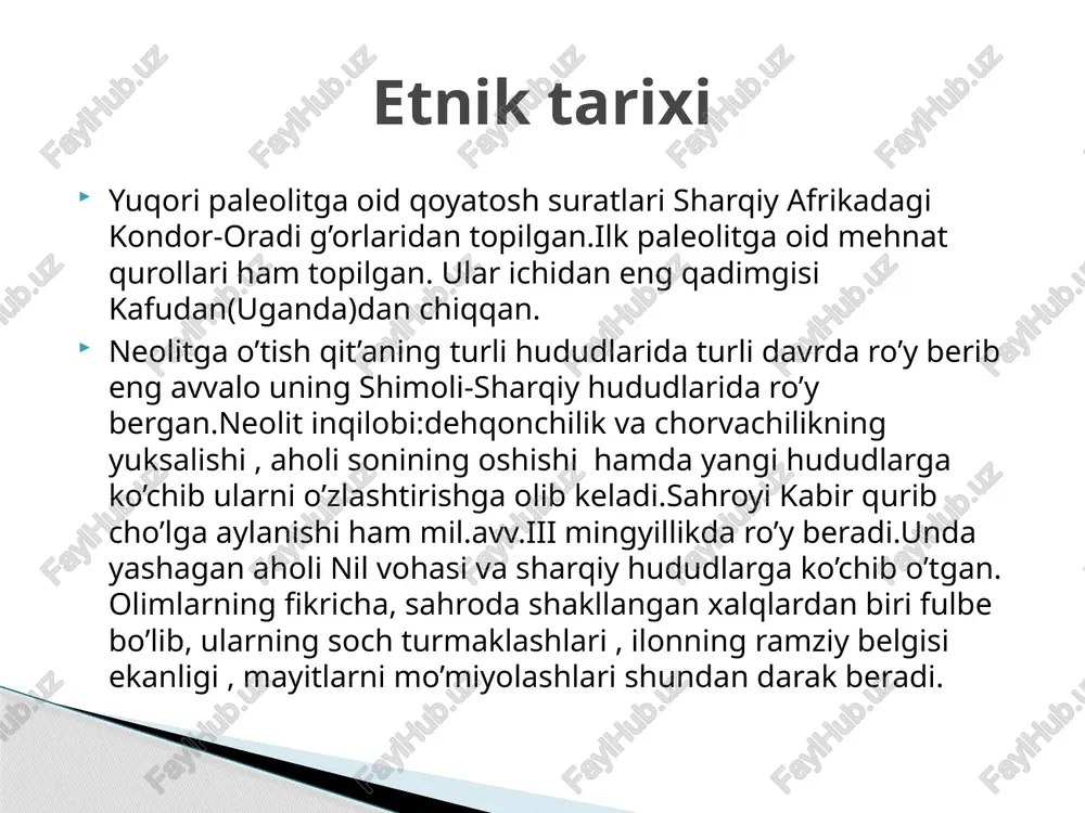 na hamda chaylalar terilar bilan yopilgan . uy - joylari janubiy afrika zuluslari uylari g’arbiy afrika ( gana ) uylari namibiya uylari janubiy sudan keniya ular ko’p bo’lmasdan sodda , primativ ko’rinishga ega . idishlarning ko’rinishi va ashyosi geografik muhit hamda aholining mashg’ulotlari bilan bog’liqdir . “kalabash” yoki “kalebas” butun afrika aholisi uchun umumiy qovoqdan yasalgan turli idishlar bo’lgan . idish – tovoqlari afrika milliy tarixiy idish - tovoqlari qopqoqli yashil maxsus idish afrika vilkasi ( african cutlery ) afrika o’ymakor qoshiq vilkasi ( salad uchun ) shohona kalabash taomlari lokal xususiyatlarga egadir . ularning uch turi mavjud : 1) bug’doy guruhi – o’rta yer dengizi va old osiyo chegaralari 2) suli-sorgo guruhi – g’arbiy , markaziy afrika , tanzaniya , madgaskar 3) sharqiy afrikadagi “ makkajo’xori “ guruhi . taomlari janubiy afrika milliy taomi malagas etnosi taomi (madagaskar , mali , chad) janubiy afrika zuluslari taomi janubiy afrika “ …