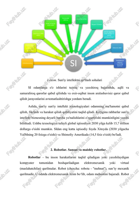 exnikasining asosiy 2 yoʻnalishi mavjud: sanoatda ishlatiladigan va favqulodda (ekstremal) sharoitda ishlatiladigan robotlar texnikasi. sanoatda ishlatiladigan robot, robotmanipulyatorda "mexanik qoʻllari" va tashqi boshqarish pulti yoki oʻziga oʻrnatilgan dasturli boshqarish qurilmasi, ehm (kompyuter) boʻladi. operator qoʻllarining harakatini bevosita yoki televizor ekranidan kuzatib boshqaradi. koʻpincha robot avtomatik boshqarish tizimi bilan jihozlanadi. robotmanipulyatorlar, asosan, kishi salomatligi uchun xavfli boʻlgan (ekstremal) sharoitlarda qoʻllaniladi. robotlar jarayonlarni avtomatlashtirishning eng samarali vositasi hisoblanadi. robotlardan foydalanish sohalari borgan sari kengayib bormokda. masalan, yaponiyada 6 ming metrgacha chuqurlikda ishlay oladigan robot "geolog", notani "oʻqib" elektr gitara chaladigan robot "mashshoq", avstraliyada qoʻy junini qirqadigan robot "sartarosh", aqsh da suv ostida ishlay oladigan robot "gʻavvos" yaratilgan. germaniyada esa robotlar politsiyada ishlaydi (ularga portlovchi moddalar oʻrnatilgan mashinalarni ochish vazifasi topshiriladi). avtomobilsozlik rivojlangan barcha mamlakatlarda (shu jumladan, oʻzbekistonda) robotlar mashinalarni yigʻishda (ayniqsa, payvandlash ishlarida) qatnashadi. ixtirochilar avtomobilni boshqara oladigan robotni yasash bilan shugʻullanishmokda. bunday robotning varianti volkswagen (vw) zavodida (germaniya) yaratilgan. "klaus" laqabli …