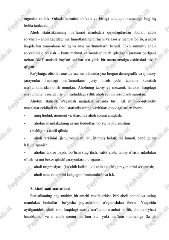 nidek, aholi soni haqidagi asosiy ma’lumot manbai bo‘lib, aholi ro‘yhati hisoblanadi va u aholi sonini ma’lum kun yoki ma’lum momentga (kritik momentga) nisbatan ifodalaydi. ro‘yhatlar orasida ma’lum aholi punktining aholisi soni avvalgi aholi ro‘yxati ma’lumotlari va aholining joriy hisobi, ularning tabiiy va mexanik harakati ma’lumotlari asosida hisob-kitob qilish yo‘li bilan balans sxemasi bo‘yicha aniqlanadi: yil oxiridagi aholi soni=yil boshidagi aholi soni+yil davomida tug‘ilganlar soni+kelganlar soni-o‘lganlar soni-yil davomida ko‘chib kelganlar soni. a1=a0+t+kel-o‘-ket; aholi sonini hisobga olish aholi yashaydigan punktlar bo‘yicha amalga oshiriladi va u doim o‘zgarib turadi. aholi xaqidagi ma’lumot tenglashtirilgan vaqt – kritik moment deb ataladi. bunda doimiy va vaqtincha yashaydigan aholi sonini bir-biridan ajratish lozim. doimiy yashaydigan aholiga - hisob o‘tkazilgan davrda qaerda bo‘lishidan qat’iy nazar shu aholi punktida ro‘yhatdan o‘tgan va yashaydigan shaxslar kiradi. bu ko‘rsatkichlarni to‘liq hisobga olish uchun vaqtincha yo‘q bo‘lganlar va vaqtincha yashayotganlar kabi ko‘rsatkichlar bilan to‘ldiriladi. vaqtincha yashayotganlarga doimiy yashash joyi boshqa punktda bo‘lib, …