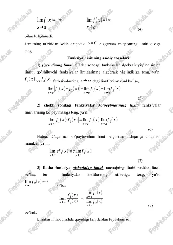 ga asosan: hosil bњladi. yuqoridagi misolda, limitlarning xossalariga asosan, argument ning o’rniga uning limitik qiymatini qo’yishga olib keldi. 4-misol. limitni hisoblang. yechish. ikkita funksiya nisbatining limiti (8) formula hamda oldingi misolda foydalanilgan limitlarning xossalarini qo’llasak, bo’ladi. ratsional funksiyaing limitini hisoblash shu funksiyaning argument ning limitik qiymatidagi, qiymatini hisoblashga keltirildi. eslatma. elementar funksiyalarning intilgandagi limiti ( aniqlanish sohasiga tegishli) funksiyaning nuqtadagi qiymatiga teng bo’ladi. masalan, . 5-misol. limitni hisoblang. yechish. da surat ham, maxraj ham nolga aylanib ko’rinish-dagi aniqmaslik hosil bo’ladi. surat va maxrajni formula yordamida chiziqli ko’paytuvchilarga ajratamiz. bunda va lar kvadrat tenglamaning ildizlari. demak, bњladi. 6-misol. limitni hisoblang. yechish. da ko’rinishdagi aniqmas ifodaga ega bo’lamiz. bunday aniqmaslikni ochish uchun kasrning surat va maxrajini ning eng yuqori darajalisiga, ya’ni ga bo’lamiz, hamda limitlarning xossalaridan foydalansak bo’ladi. bunda lar da cheksiz kichik funksiyalardir. 7-misol. limitni hisoblang. yechish. da surat va maxraj 0 ga teng bo’ladi. maxrajda irratsional ifoda mavjud, uni suratga …