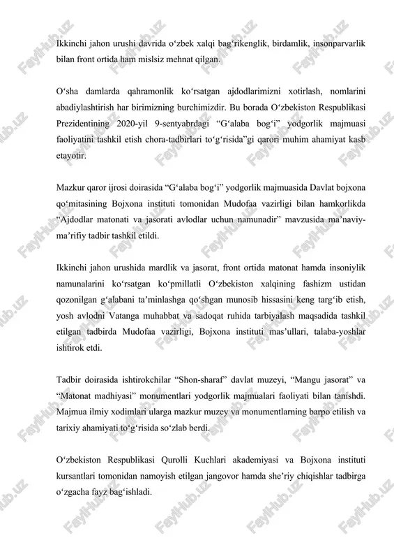 rga senatorlar va deputatlar, hukumat a’zolari, harbiylar kelgan. soat 9.30. maydonga o‘zbekiston respublikasi prezidenti shavkat mirziyoyev kirib keladi. davlatimiz rahbari harbiy orkestr sadolari ostida motamsaro ona haykali poyiga gulchambar qo‘ydi. prezidentimiz ikkinchi jahon urushida jon fido qilgan yurtdoshlarimiz xotirasiga hurmat bajo keltirdi. motamsaro ona haykali poyi turli vazirlik va idoralar, jamoat tashkilotlari vakillari tomonidan qo‘yilgan gullarga burkandi. shu kuni toshkent viloyati zangiota tumanidagi akademik m.mirzayev nomidagi bog‘dorchilik, uzumchilik va vinochilik ilmiy-tadqiqot instituti bog‘ida xotira va qadrlash kuni hamda ikkinchi jahon urushida qozonilgan g‘alabaning 72-yilligiga bag‘ishlangan bayram tadbiri bo‘lib o‘tdi. tadbirga qoraqalpog‘iston respublikasi va viloyatlardan 500 nafar urush va mehnat faxriysi taklif etildi. bog‘ bayramona bezatilgan. “9-may – xotira va qadrlash kuni”, “g‘alaba bayramingiz muborak bo‘lsin!”, “yurtimiz tinch, osmonimiz musaffo bo‘lsin!”, “vatan o‘z qahramonlarini unutmaydi” kabi shiorlar yozilgan. bog‘ ichidagi maydonda 1941-1945-yillardagi muhit aks etgan. okop va blindajlar qurilgan, o‘sha davr harbiy texnika vositalari, qurol-aslaha namunalari joylashtirilgan. jang maydonlarida xalqimiz ko‘rsatgan …