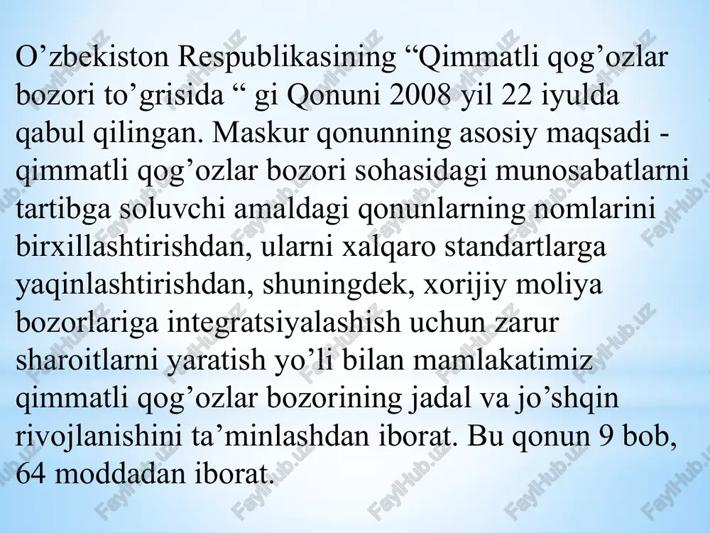 turi mavjud. 1.oddiy aksiyalar 2.imtiyozli aksiyalar oddiy aksiyalar shunday aksiyaki unga tegadigan dividend miqdori aksiyadorlik jamiyatining olgan foydasiga o’arab har-xil bo’ladi. uning mikdori qat’iy kafolatlanmaydi, ammo oddiy aksiya egasiga aksiyadorlik jamiyati yig’ilishida ovoz berib, unda qarorlar qabul qilishda , uning ishini hal etishda ishtirok etish huquqini beradi. bunday aksiyalarning egalari boshqa qimmatli qog’ozlar egalariga nisbatan ko’proq masuliyatini o’z zimmasiga olganliklari tufayli ana shunday aksiyalar bo’yicha olinadigan dividendlar yuqoriroq qilib belgilanadi. oddiy aksiyada dividendini olmay qolish riski (xavf- xatari) mavjud bo’ladi. imtiyozli aksiya shunday aksiyaki, unga tegadigan dividend miqdori aksiyadorlik jamiyatining olgan foydasiga karab emas, balki zayomga to’langani kabi, oldindan uning nominal narxiga nisbatan yoki suzib yuruvchi ( o’zgaruvchan) foizlarda beriladi. agar joriy yilda daromad tegmay qolsa , u holda uning kelajakda olinishi (kumulyativ tarzda) kafolatlanadi. ammo imtiyozli aksiya egalari aktsionerlik jamiyati yig’ilishida ovoz berish huquqiga ega bo’lmaydilar (qonunda ko’rsatilgan ba’zi holatlar bundan mustasno). o’zbekistonda imtiyozli aksiyalar qonunga ko’ra aksiyadorlik jamiyati …