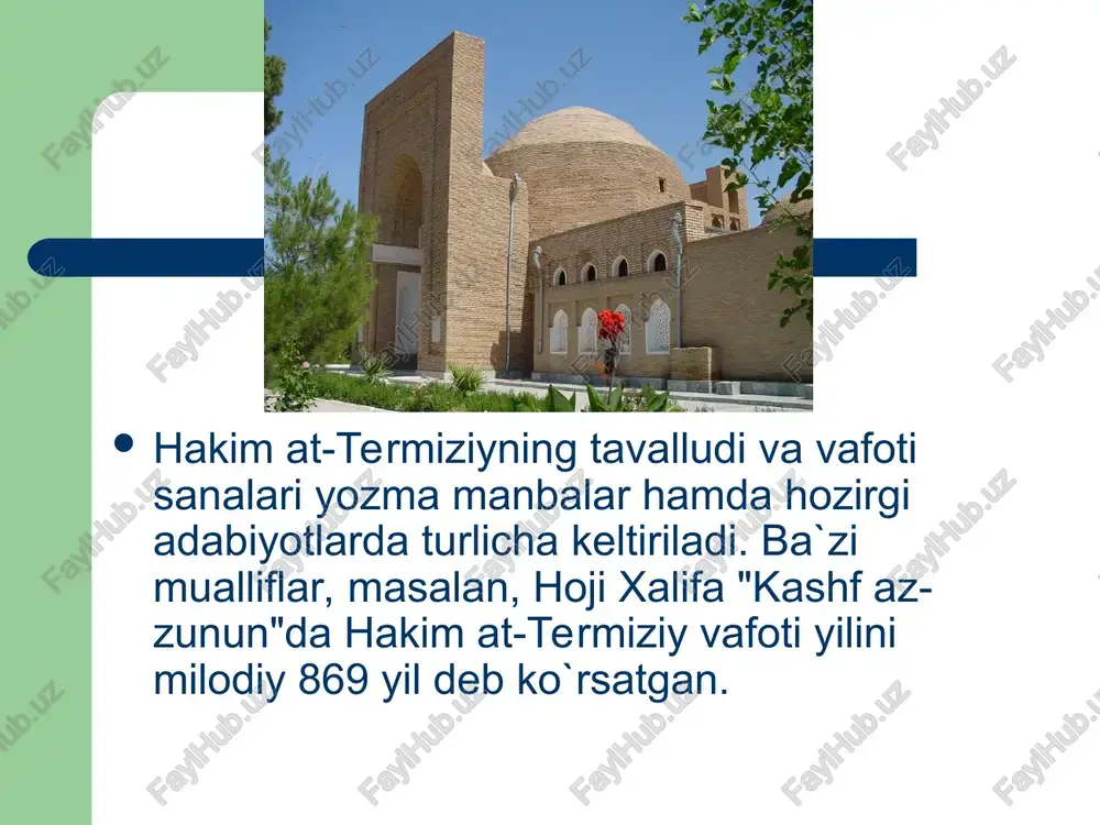 ilan mashg`ul bo`lgan. u kalomullohni, uning mohiyatini chuqur o`rganish, ro`za tutish, ibodat qilish, taqvo va hokazolar bilan shug`ullangan. al-antokiyning "qalb muolajasi" falsafiy-tasavvufiy asari unga ayniqsa qattiq ta`sir ko`rsatgan. hakim at-termiziyning shogirdlari ham ko`p bo`lgan. bular: abu muhammad yahyo ibn mansur al-qoziy (vafoti 960 yil), abu ali mansur ibn abdulloh ibn xolid az-zuhliy al-hiraviy, abu ali al-hasan ibn ali al-jurjoniy, ahmad ibn muhammad ibn iso, abu bakr muhammad ibn umar al-hakim al-varroq, muhammad ibn ja`far ibn muhammad ibn al-xaysam ibn umron ibn burayda va boshqalardir. hakim at-termiziyning ilmiy-ijodiy faoliyati uning boshqa mamlakatlar va shaharlarga sayohati bilan chambarchas bog`liq. u balxda, nishopurda bo`lgan, fan va madaniyat yuksak rivojlangan bag`dodga borgan. bu shaharlarda u mashxur olimlar bilan uchrashgan, ilmiy munozaralarda qatnashgan. shunday bo`lsa-da, hakim at-termiziyning ilmiy-ijodiy hayotida uning ona shahri — termiz juda muhim rol o`ynagan, o`zining asosiy asarlarini alloma shu yerda yaratgan. uning mav`izayu xutbalari, shuningdek ayrim asarlari va, eng avvalo mu-sulmonlik …