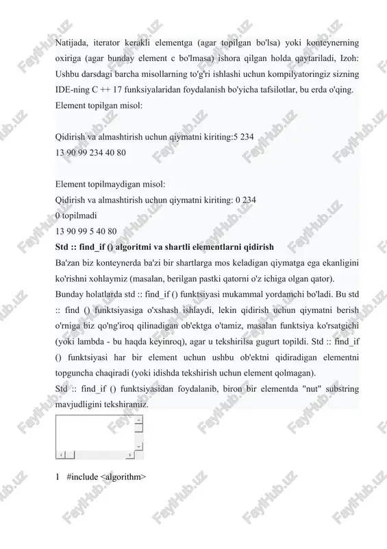 ubstring mavjudligini ko'rish uchun biz massivimizni skanerlaymiz autofound{std::find_if(arr.begin(),arr.end(),containsnut)}; if(found==arr.end()) { std::cout<<"no nuts\n"; } else { std::cout<<"found "<<*found<<'\n'; } return0;} dastuni bajarish natijasi: found wal nut agar biz yuqoridagi muammoni odatdagi standart usulda hal qilsak, unda biz kamida ikkita siklga ehtiyoj sezamiz (bittasi massivni aylanib o'tish uchun, ikkinchisi pastki satrni taqqoslash uchun). c ++ standart kutubxonasining funktsiyalari sizga bir nechta satr kodlari bilan xuddi shunday qilishga imkon beradi! kompyuterdan foydalanib "ilmiy – texnik, kimyo va oziq-ovqat sohalaridagi masalalarni echish" tushun­chasi keng ma'nodagi so’z bo’lib, u quyidagi bosqichlarga bo’linadi. maqsad - bosqichlarning qaysi birlarini mutaxassis kompyuterdan foydalanmasdan va qaysi bosqichlarini kompyuterdan foydalanib baja­rishini aniqlash xamda bosqichlarni to’la o’rganib chiqishdan iborat. ilmiy – texnik, kimyo va oziq-ovqat sohalaridagi masalalarni echishda kompyuterdan foydalanish bosqich­lari: 1. masalaning qo’yilishi va maqsadning aniqlanishi; 2. masalani matematik ifodalash; 3. masalani echish uslubini ishlab chiqish, sonli usullarni tanlash; 4. masalani echish algoritmini ishlab chiqish; 5. ma'lumotlarni tayyorlash va tarkibini …