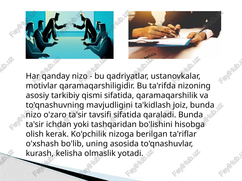 rshiliklarni tushunish; yuzaga keladigan sabablar 2. ularni bartaraf etishning kelishilgan usullarini oqilona tanlash; 3. odamlarni ma'naviy jihatdan yuksaltirish. kennet boulding (1910-1993) konfliktlar haqidagi bu umumiy fikrlarning asosini 2 ta model tashkil etadi: statik va dinamik. statik model konfliktni o'ziga xos tizim sifatida ko'rib chiqadi, uning birinchi elementi tomonlar (odamlar, hayvonlar, ob'ektlar, nazariyalar), ikkinchisi esa tomonlardir. bular orasidagi munosabat mojaro = raqobat vaziyati. dinamik model bixeviorizmning taniqli zamonaviy psixologik kontseptsiyasiga asoslanadi. konflikt dinamikasi qarama-qarshilik sharoitida insonning umumiy xulq-atvor reaktsiyalarining ko'rinishlaridan biridir. nizoli vaziyatlarni bartaraf qilish uchun metodlarning ikki guruhi danstrukturali va shaxslararo usullaridan foydalanish mumkin. ishga qo’yiladigan talablarni natijalar darajasini, (har bir ishchi kutilaѐtgan natijalar darajasini, kim turli axborotlarni qabul qilishini va x.k.); koordinatsion va integratsion metodlar (ulardan biriguruh zanjiri. rahbar odamlarni o’zaro ta’sirini, qarorlar qabul qilish)ni, tashkilot ichidagi axborotlar oqimini tartibga keltiradi, natijada nizolarni vujudga kelishini oldini oladi; image1.jpeg image2.png image3.png image4.png image5.png image6.png image7.png image8.png image9.png image10.png image11.png image12.png …