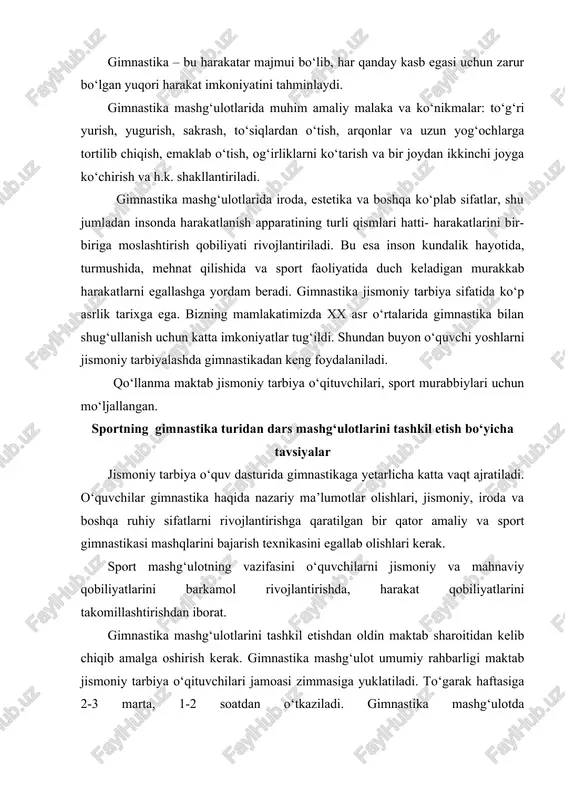 b jismoniy tarbiya o‘qituvchilari jamoasi zimmasiga yuklatiladi. to‘garak haftasiga 2-3 marta, 1-2 soatdan o‘tkaziladi. gimnastika mashg‘ulotda shug‘ullanuvchilarning yoshi, jinsi va jismoniy tayyorgarlik darajasiga e’tiboran guruhlarga bo‘linadi.. bolalarni har tomonlama jismoniy rivojlantirish va salomatligini mustahkamlash tarbiyaning alohida usullari bilan, xususan, jismoniy va aqliy tarbiya bilan ajralmagan holda alohida amalga oshiriladi. jismoniy tayyorgarlikni aniqlash testi 1. 20 m ga baland startdan yugurish (sek). 2. turgan joyidan uzoqlikka sakrash (sm). 3. qo‘llarni osilishda egish va yoyish (marta). 4. qo‘llarni tayanchda egish va yoyish (soni). 5. osilish burchagi (sek). 6. yotgan holatda ko‘prik hosil qilish. 7. qo‘llar polga nisbatan vertikal, oyoqlar to‘g‘rilangan. 8. qo‘llar biroz egilgan. 9. qo‘llar va oyoqlar egilgan. 10. o‘tirgan holda oyoqlarni yoyib oldinga engashish. 11. ko‘krakni polga tekizish, oyoqlar to‘g‘rilangan. 12. boshni polga tekizish. 13. boshni oyoqlarga tekizish (oyoqlarni juftlash). 14. boshni oqlarga prujinasimon harakatlar bilan tekizish. o‘qituvchi-trener jismoniy tarbiya darslarida quyidagi ko‘rsatkichlar bo‘yicha ajralib turuvchi bolalarni kuzatib borishi kerak: …