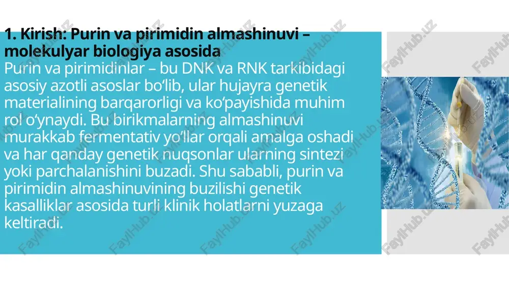 o‘ziga xosligi – ularning aniq ferment yetishmovchiligi yoki genetik defektlar bilan bog‘liq bo‘lishidir. evolyutsion nuqtayi nazardan qaralganda, bu metabolik yo‘llarning qat’iy saqlanib qolganligi ularning hayot uchun muhimligini ko‘rsatadi. kelajakda gen terapiyasi va molekulyar tibbiyot usullarining rivojlanishi bu kasalliklar uchun samarali davo yo‘llarini ochadi. e`tiboringiz uchun rahmat image1.jpg image2.jpg image3.jpg image4.jpg image5.jpg image6.jpg image7.jpg image8.jpg wes ch-h _ aa ee nogarpa bocnanehne onyxwni cyoran medicalplanet.su ws6pahhoe no mmeauluvhe /docprops/thumbnail.jpeg akademiyase 1'son davolash fakultetl izzatillaveva yulduzning “tibrly biologiya fanidan 5 mustaqilisht