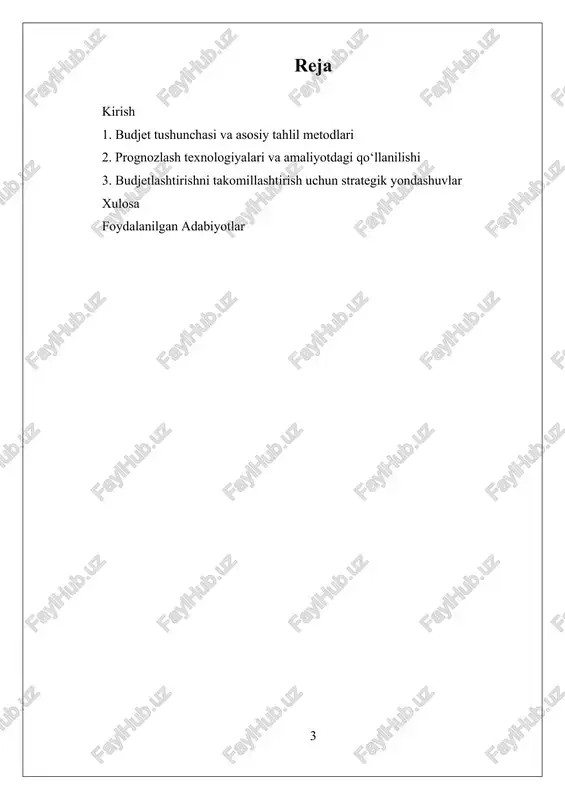 iy barqarorligini ta’minlaydi va strategik maqsadlariga erishishga intiladi. budjet tushunchasi keng qamrovli bo‘lib, u nafaqat xarajatlar va daromadlarni belgilash, balki ular o‘rtasidagi muvozanatni saqlashni ham o‘z ichiga oladi. bu jarayon, odatda, texnik va strategik jihatdan rejalashtirilgan bo‘lib, tashkilotning umumiy faoliyat strategiyasiga mos keladi. budjetlar, shuningdek, tashkilotning kelajakdagi xarajatlar va daromadlar bo‘yicha prognoz qilish uchun asos bo‘lib xizmat qiladi, bu esa, o‘z navbatida, rahbariyatga qarorlar qabul qilishda yordam beradi. budjetlarni tahlil qilish jarayoni esa, ularning realizatsiyasini kuzatish, muammolarni aniqlash va imkoniyatlarni baholash uchun amalga oshiriladi. bu jarayon, ayniqsa, tashkilotning moliyaviy holati va iqtisodiy faoliyatining samaradorligini oshirish uchun muhimdir. budjet tahlilining asosiy metodlari orasida regressiya tahlili, vaqt qatorlari va simulyatsiya metodlari kiritilgan. regressiya tahlili, masalan, xarajatlar va daromadlar o‘rtasidagi bog‘liqlikni aniqlash uchun ishlatiladi, bu esa, xarajatlarni optimallashtirish va daromadlarni prognoz qilishda yordam beradi. vaqt qatorlari tahlili, o‘z navbatida, tarixiy ma’lumotlar asosida kelajakdagi tendensiyalarni aniqlash uchun mo‘ljallangan. bu metod, ayniqsa, iqtisodiy va bozor …