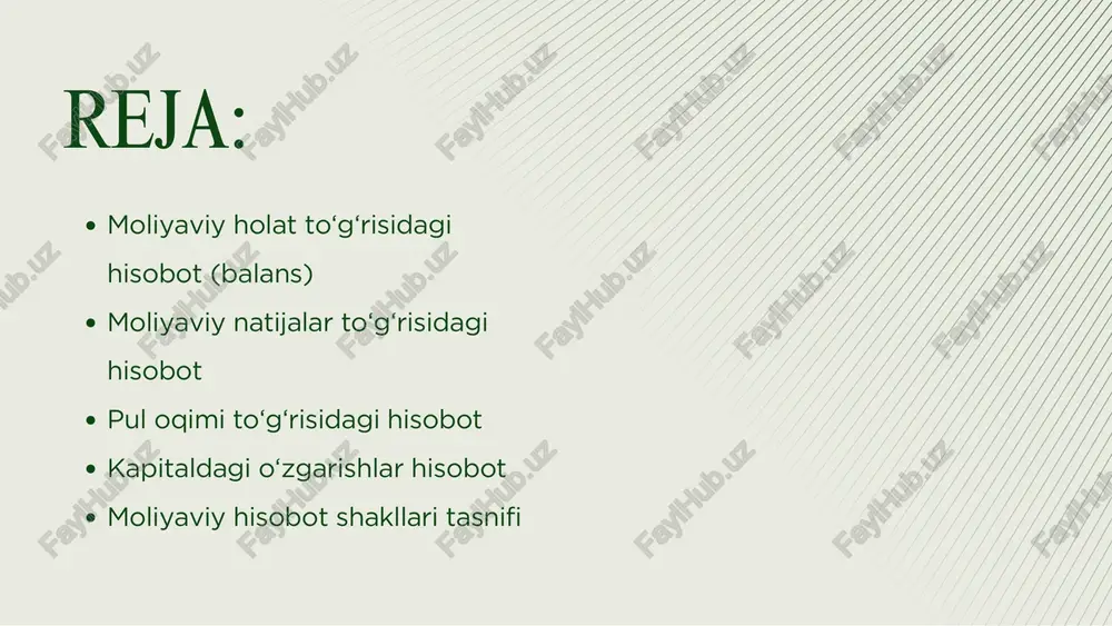 aning likvidligi (to‘lovga qobiliyati) baholanadi. 3-son forma: pul oqimi to‘g‘risidagi hisobot 1. operatsion faoliyatdan pul oqimi bu korxonaning asosiy faoliyatidan tushgan va chiqib ketgan pullarni o‘z ichiga oladi: tushumlar: mahsulot, tovar yoki xizmat sotishdan tushgan pul mablag‘lari oldindan to‘lovlar yoki avanslar olinadigan foizlar yoki jarimalar chiqimlar: ishlab chiqarish xarajatlari ish haqi, soliq to‘lovlari komunal xizmatlar, transport va boshqa operatsion xarajatlar hisobotning asosiy bo‘limlari 2. investitsion faoliyatdan pul oqimi bu bo‘limda uzoq muddatli aktivlarga tegishli harakatlar ko‘rsatiladi: tushumlar: asosiy vositalarni sotishdan tushgan mablag‘lar investitsiyalardan tushgan daromadlar (aksiya obligatsiyalar) chiqimlar: asosiy vositalar, uskunalar xaridi investitsiyalarga sarflangan mablag‘lar patent, litsenziya olish xarajatlari 3. moliyaviy faoliyatdan pul oqimi korxona tomonidan olingan yoki to‘langan moliyaviy majburiyatlar: tushumlar: bank kreditlari investorlar tomonidan qo‘shilgan mablag‘lar chiqimlar: kreditlar bo‘yicha asosiy qarz va foiz to‘lovlari dividendlar to‘lovi qaytariladigan mablag‘lar (sarmoya qaytarilishi) 4-son forma — bu xo‘jalik yurituvchi subyektning ustav kapitali, taqsimlanmagan foydasi, qo‘shimcha kapitali va boshqa kapital tarkibiy qismlarida …