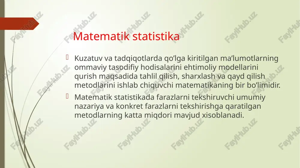 ying istiqbolini belgilaydi. o’lchov bu- ayrim qoidalarga binoan, obyekt va xodisalarga raqamli shkala berishdir. tadqiqot xususiyatiga qarab turlin o’lchov shkalalarining turlarini qo’llash mumkun. s.stivens tomonidan o’lchov shkalalarining 4 tipi belgilangan. nominativ shkala intervallar shkalasi ordinal yoki tartib shkalasi nisbatlar shkalasi nominativ shkala- bu lotincha nomen-nom ot degan ma’noni anglatadi. bu shkala bu shkala nomlanishlar shkalasi deb ham yuritiladi. bu shkala oz nomlanishiga muvofiq klassifikatsiyalanadi. nomlanishlar shkalasi miqdoriy holatlarni o’lchamaydi. misol: maktablarda oquvchilar royhatini tartiblanayotkamda ularni ism familyasidan foydalaniladi. tartib shkalasi- sinaluvchilar korsatgan natijalar tartib bilan joylashtiriladi. unda korsatkichlar baland past mezonlari asosida baholanadi. intervallar shkalasi- katta va kichik printsplari muntazam birliklarning aniq miqdorini nazarda tutadi. misol: oy va bulut orasidagi masofni ham interval deb olishimiz mumkun. nisbatlar shkalasi- o’lchanayotgan obyekt etalon, birlik sifatida qabul qlingan boshqasidan necha marotaba katta yoki kichikligini o’lchash imkonini beradi e’tiboringiz uchun raxmat image1.jpg i nine /docprops/thumbnail.jpeg matematik statistikaning asosiy tushunchalari.