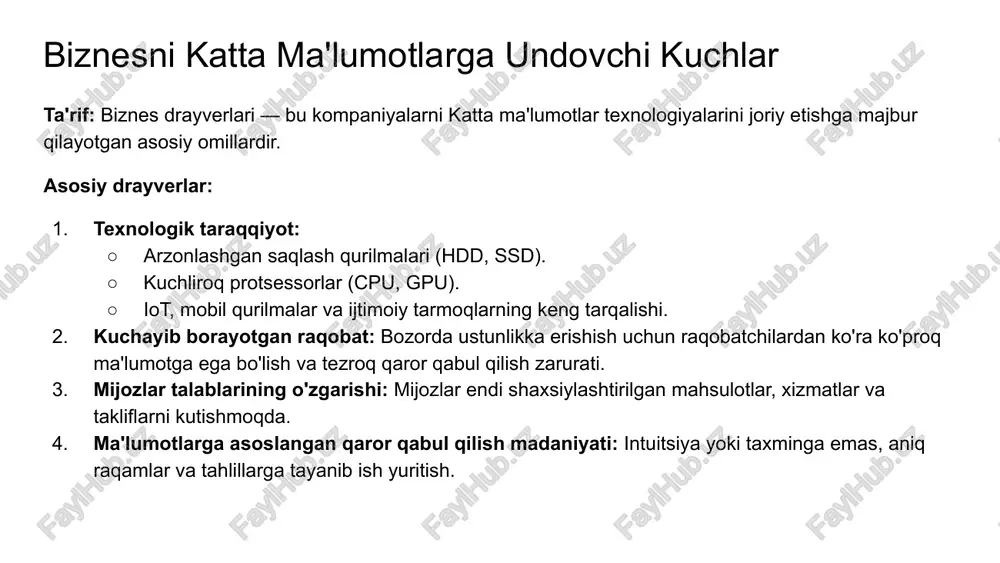 ahsulotlarni yaratishga turtki beradi. ● bozorni o'zgartirish (disruption): uber (transport), airbnb (mehmonxona) va netflix (ko'ngilochar media) kabi kompaniyalar an'anaviy sohalarni ma'lumotlar tahlili orqali butunlay o'zgartirib yubordi. sanoat misoli: sog'liqni saqlash katta ma'lumotlar hayotni saqlamoqda ● drayver: kasalliklarni oldini olish va davolash samaradorligini oshirish zarurati. ● ma'lumot manbalari: elektron tibbiy yozuvlar (ehr), genetik ma'lumotlar, taqiladigan sog'liq gadjetlari (fitnes-trekerlar), ilmiy tadqiqotlar. ● foydalari: ○ shaxsiylashtirilgan tibbiyot: bemorning genetikasi va turmush tarziga mos davolash usullarini tanlash. ○ epidemiyalarni bashorat qilish: aholi salomatligi haqidagi ma'lumotlarni tahlil qilib, gripp kabi kasalliklar tarqalishini oldindan aniqlash. ○ dori vositalarini yaratishni tezlashtirish: klinik sinovlar ma'lumotlarini tahlil qilib, yangi dorilarning samaradorligini tezroq baholash. ● strategik ahamiyati: reaktiv ("kasallikni davolash") tibbiyotdan proaktiv ("kasallikni oldini olish") tibbiyotga o'tish. xatarlar va muammolar hamma narsa oson emas: katta ma'lumotlar muammolari ● katta ma'lumotlarni joriy etish o'ziga yarasha qiyinchiliklarga ega: ○ ma'lumotlar maxfiyligi va xavfsizligi: shaxsiy ma'lumotlarning himoyasi (gdpr kabi qonunlar). ○ yuqori investitsiyalar: …