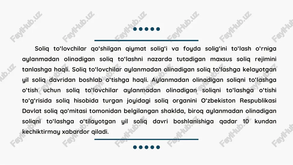 ni) amalga oshiruvchi yuridik shaxslar va yakka tartibdagi tadbirkorlarga aksiz solig‘i to‘lanadigan tovarlarni ishlab chiqaruvchi va foydali qazilmalarni kavlab olishni amalga oshiruvchi yuridik shaxslarga yuridik shaxslar — qishloq xo‘jaligi tovar ishlab chiqaruvchilariga, basharti ularda 25 gr va undan ortiq sug‘oriladigan qishloq xo‘jaligi ekin maydoni mavjud bo‘lsa aylanmadan olinadigan soliq tatbiq etilmaydigan xizmatlar aylanmadan olinadigan soliq tatbiq etilmaydigan xizmatlar